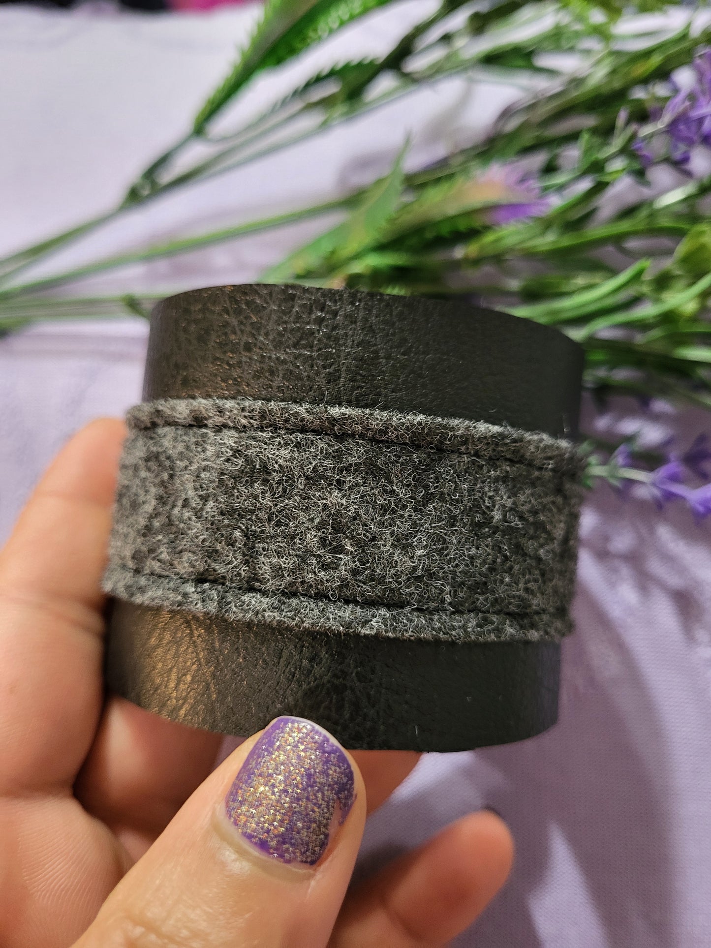 Handmade Faux leather and wool felt fabric cuff bracelet