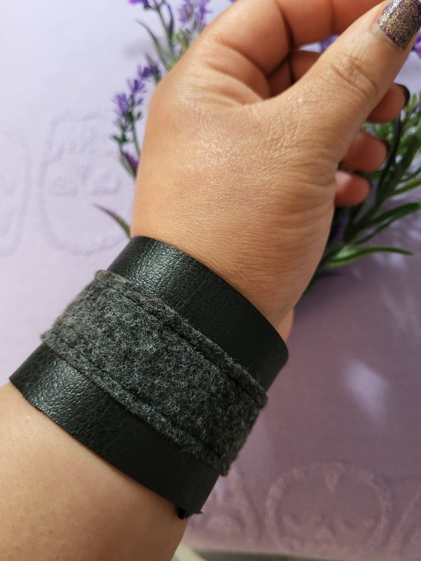 Handmade Faux leather and wool felt fabric cuff bracelet