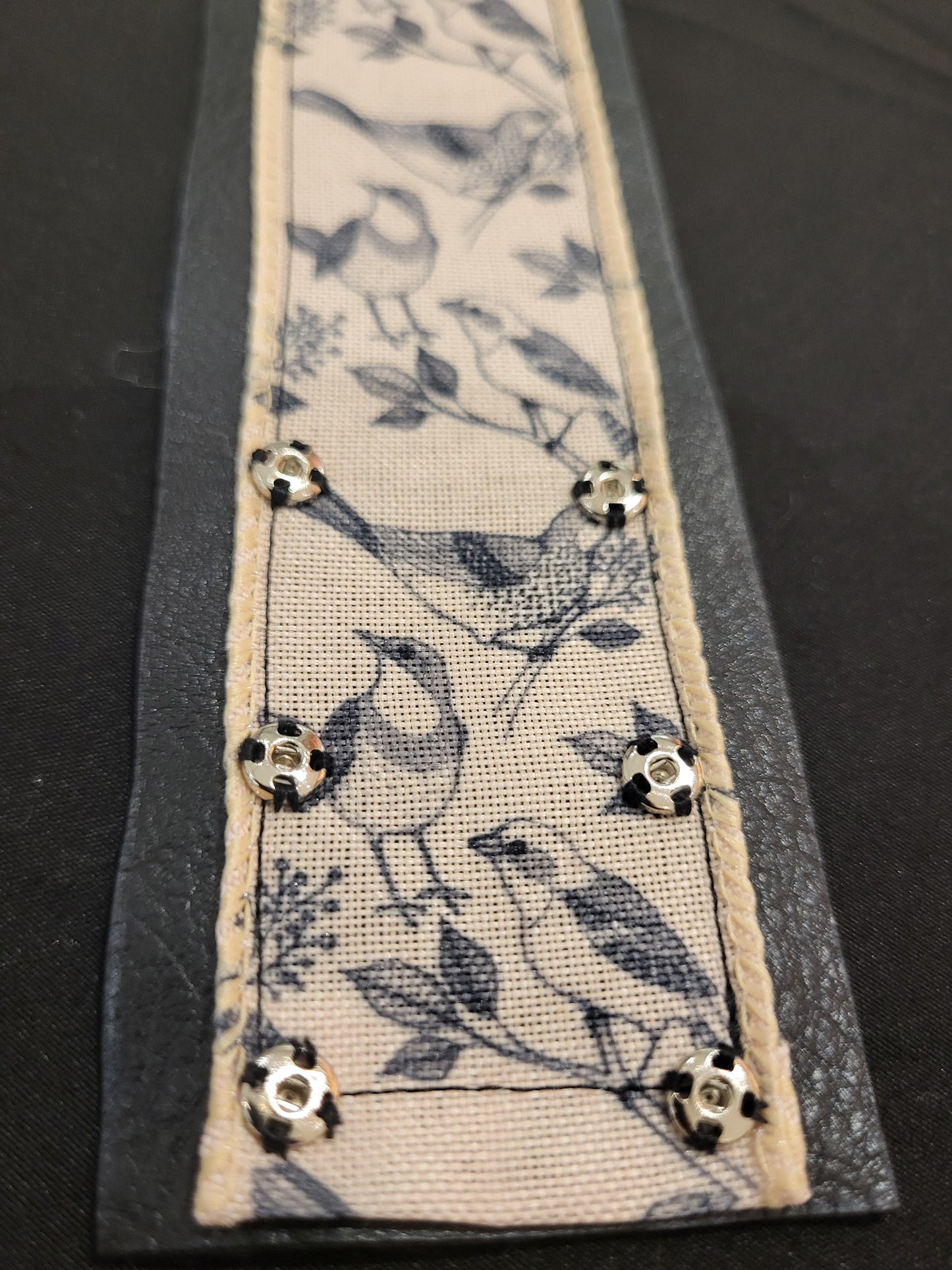 Handmade bird ribbon and Faux leather fabric cuff bracelet