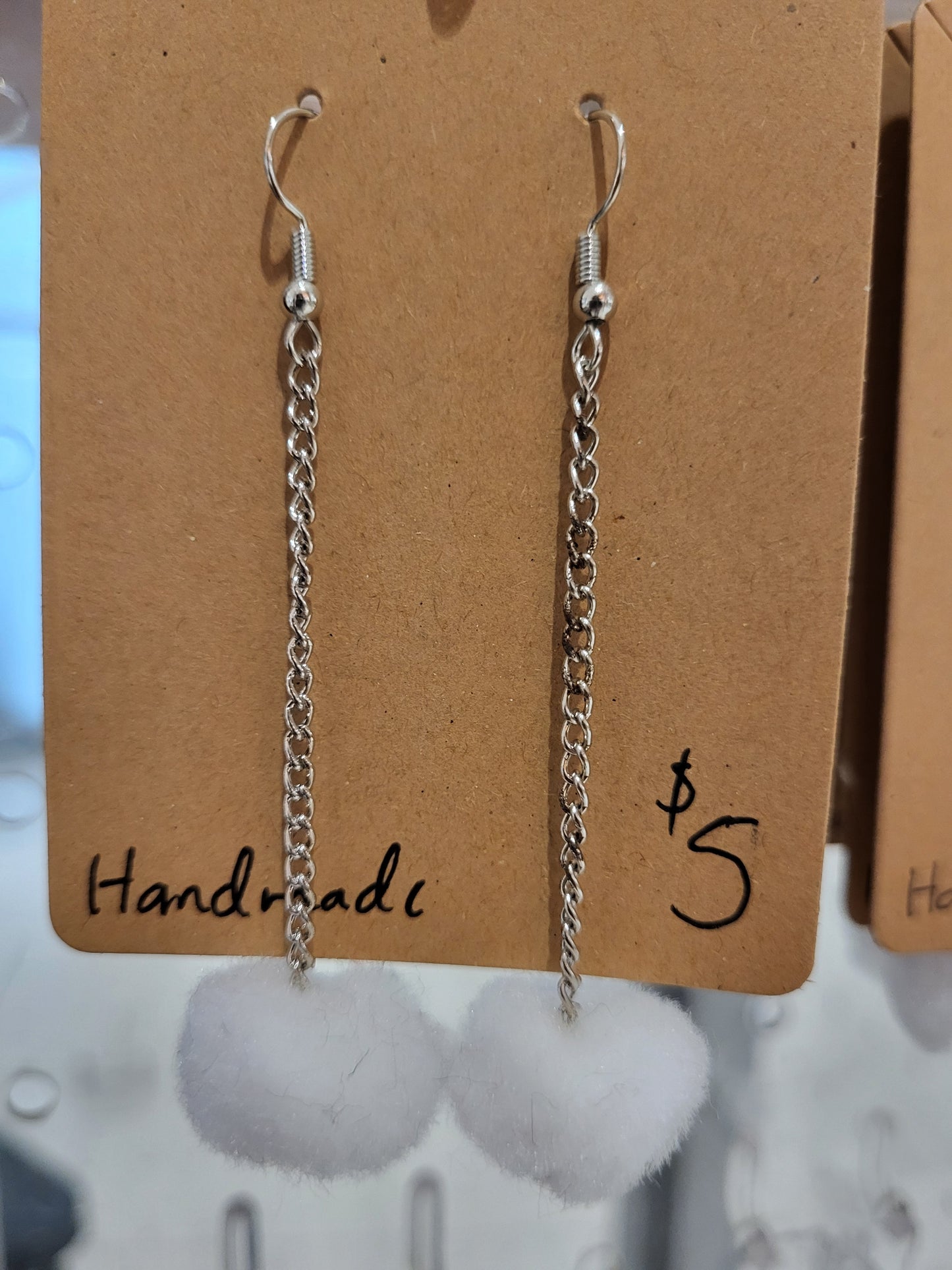 Handmade Snow poof white pom pom chain earriings small