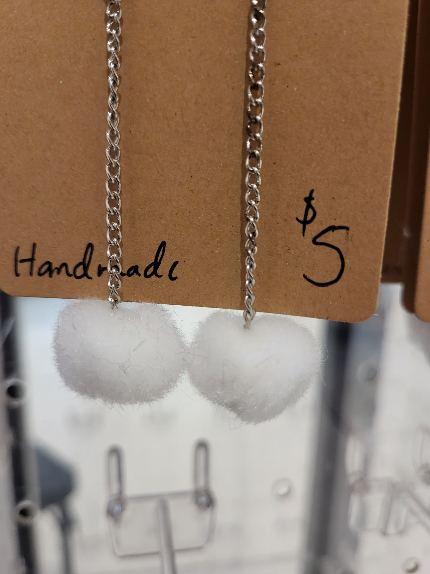 Handmade Snow poof white pom pom chain earriings small