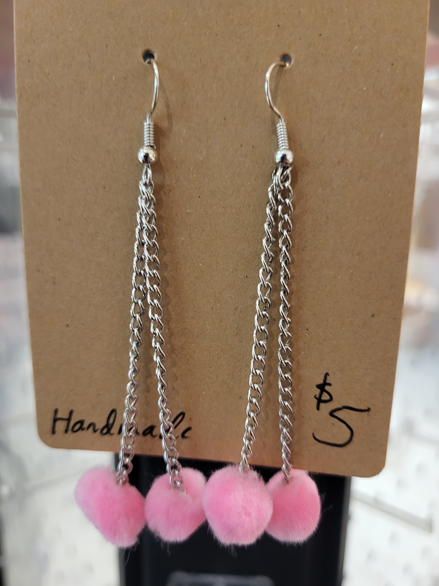 Handmade bubblegum pink pom pom chain earriings mini double