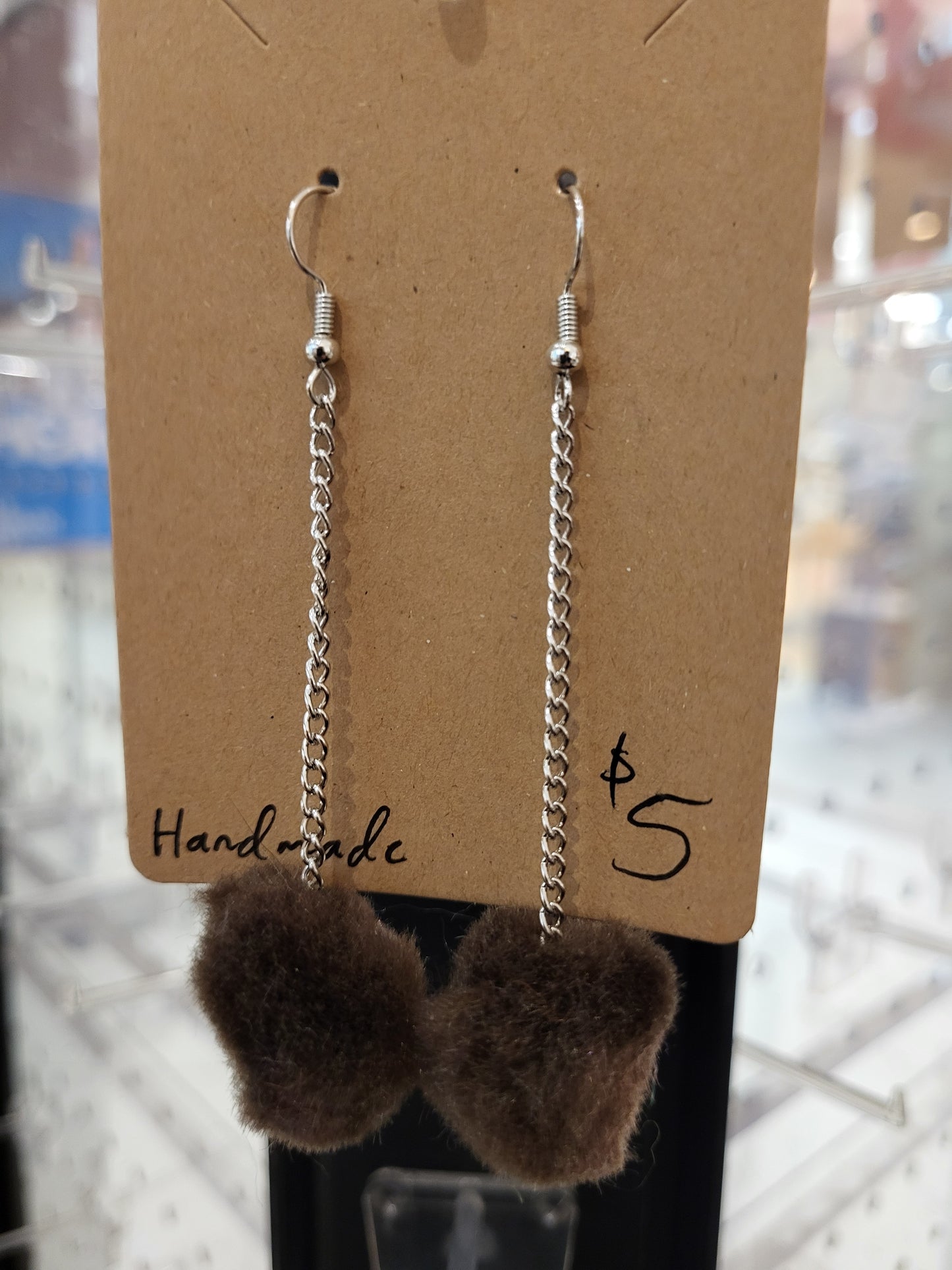 Handmade brown pom pom chain earrings medium