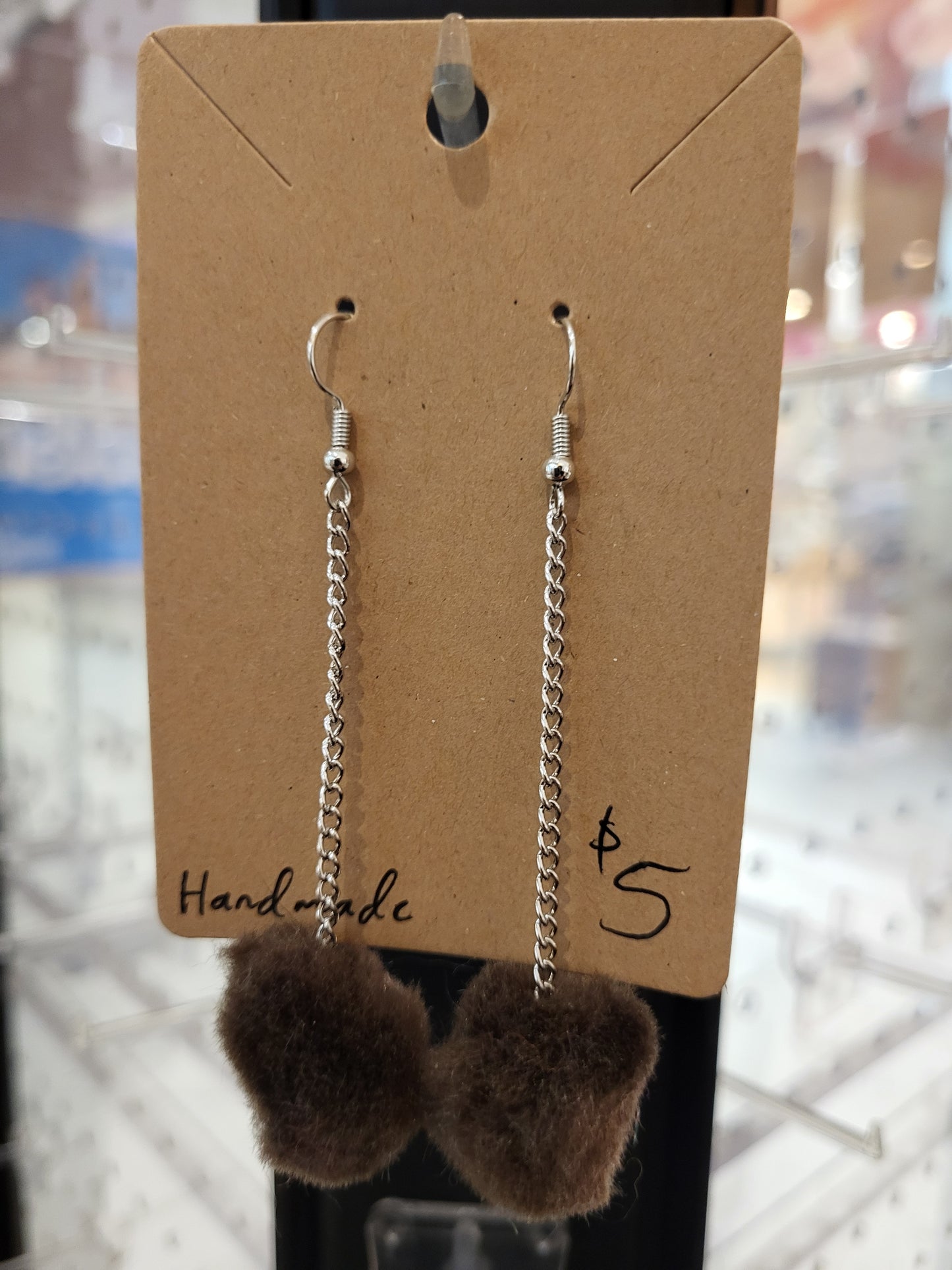 Handmade brown pom pom chain earrings medium