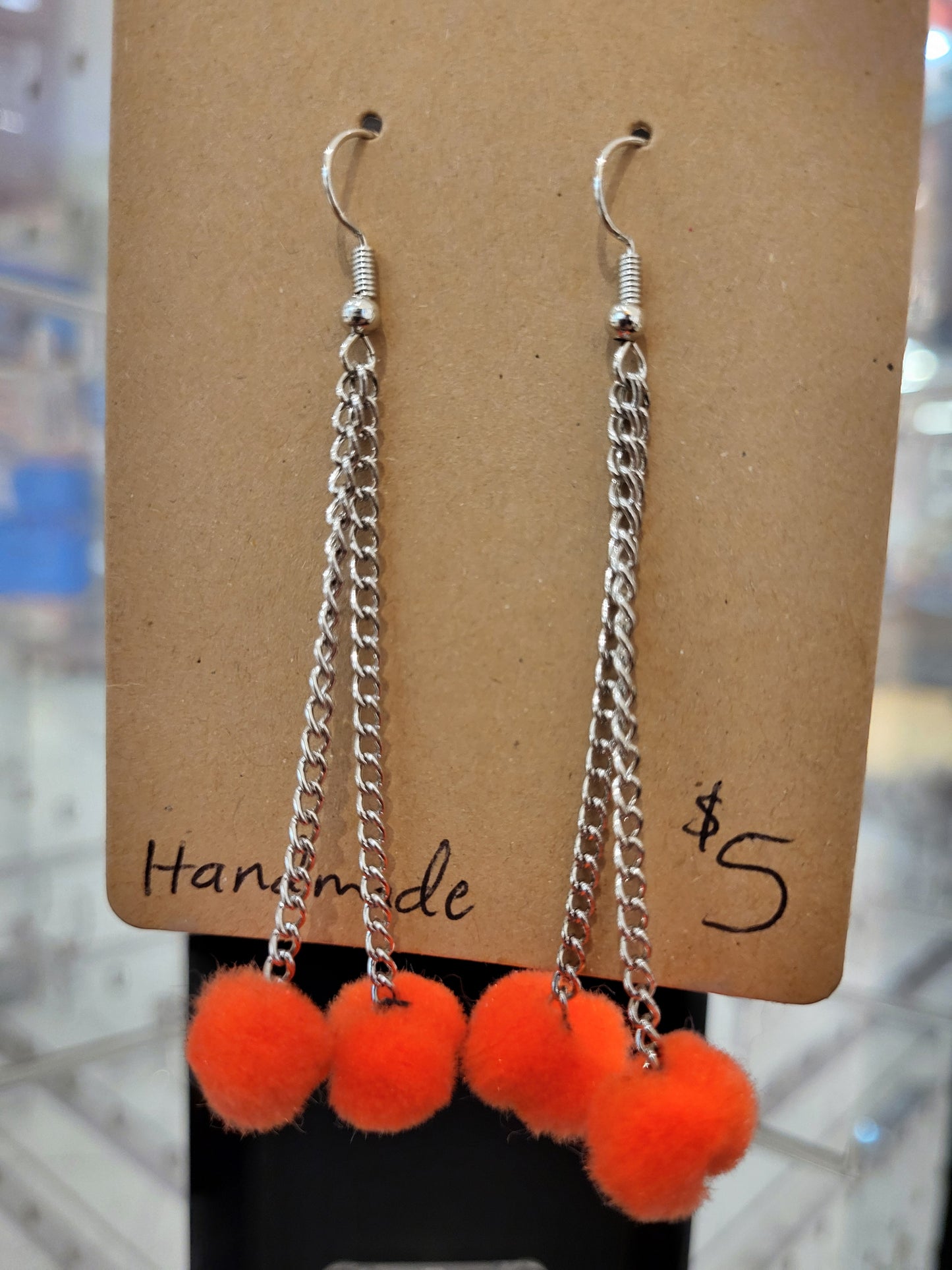 Handmade orange pom pom chain earrings mini double