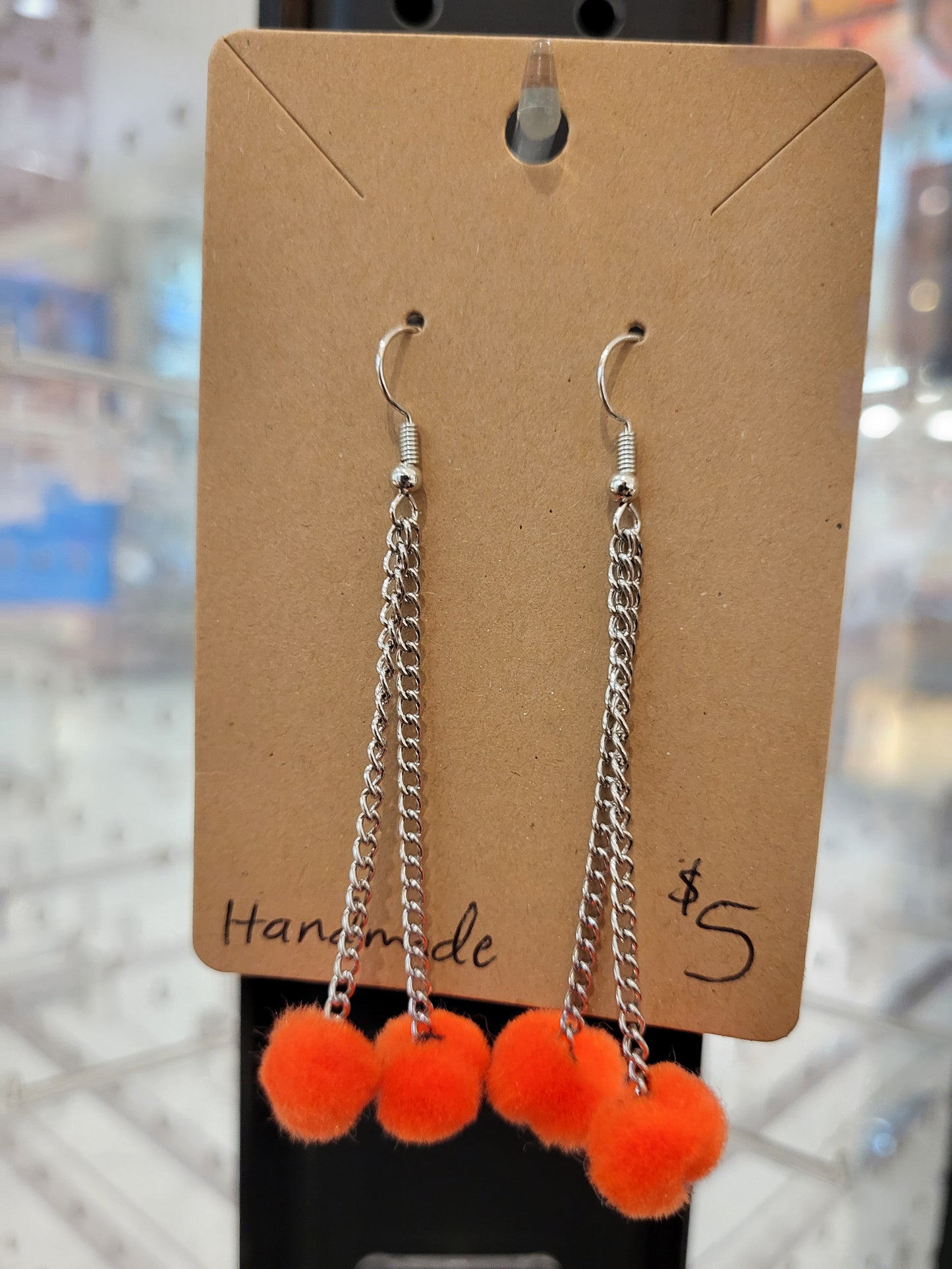 Handmade orange pom pom chain earrings mini double