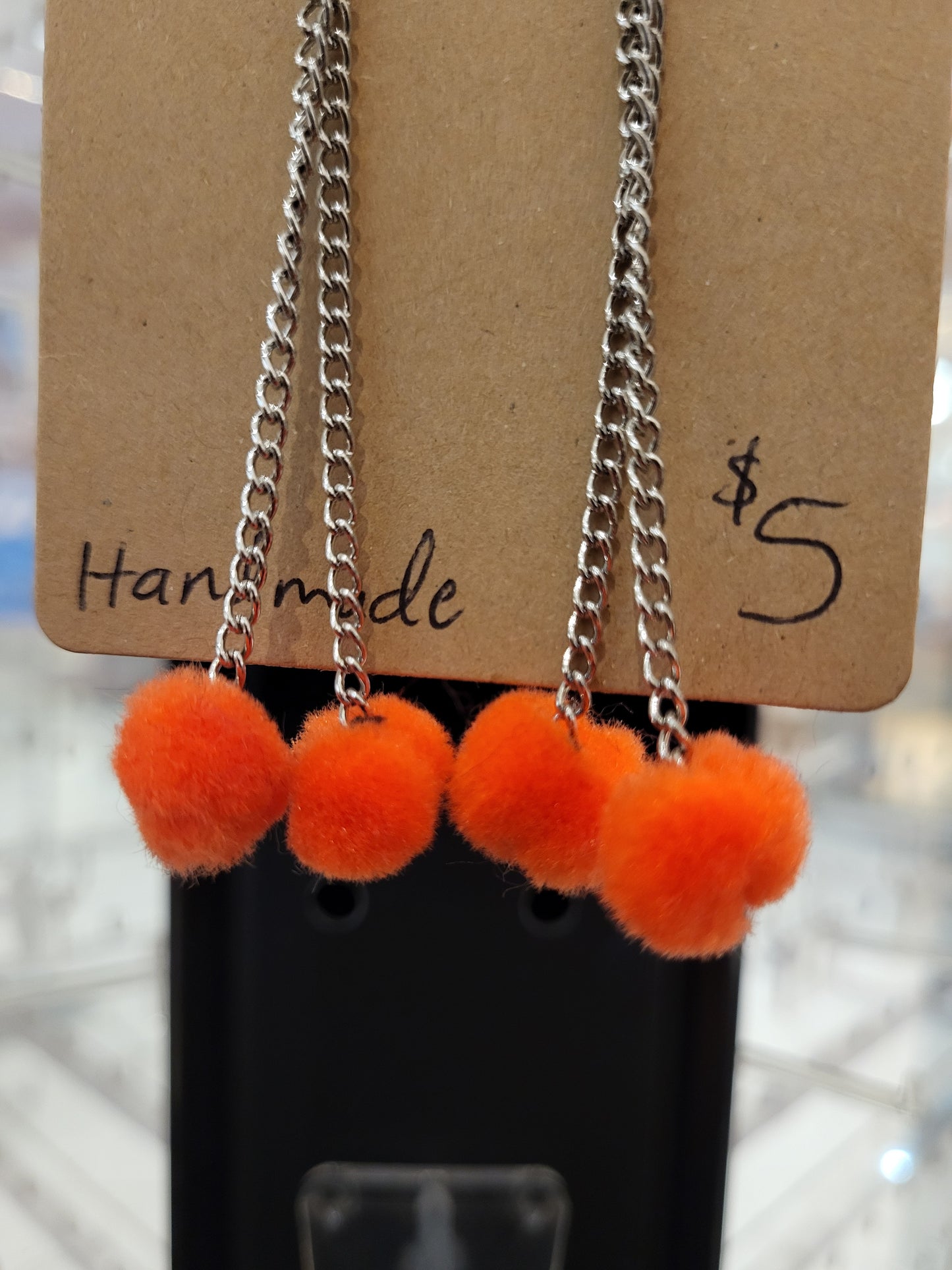 Handmade orange pom pom chain earrings mini double