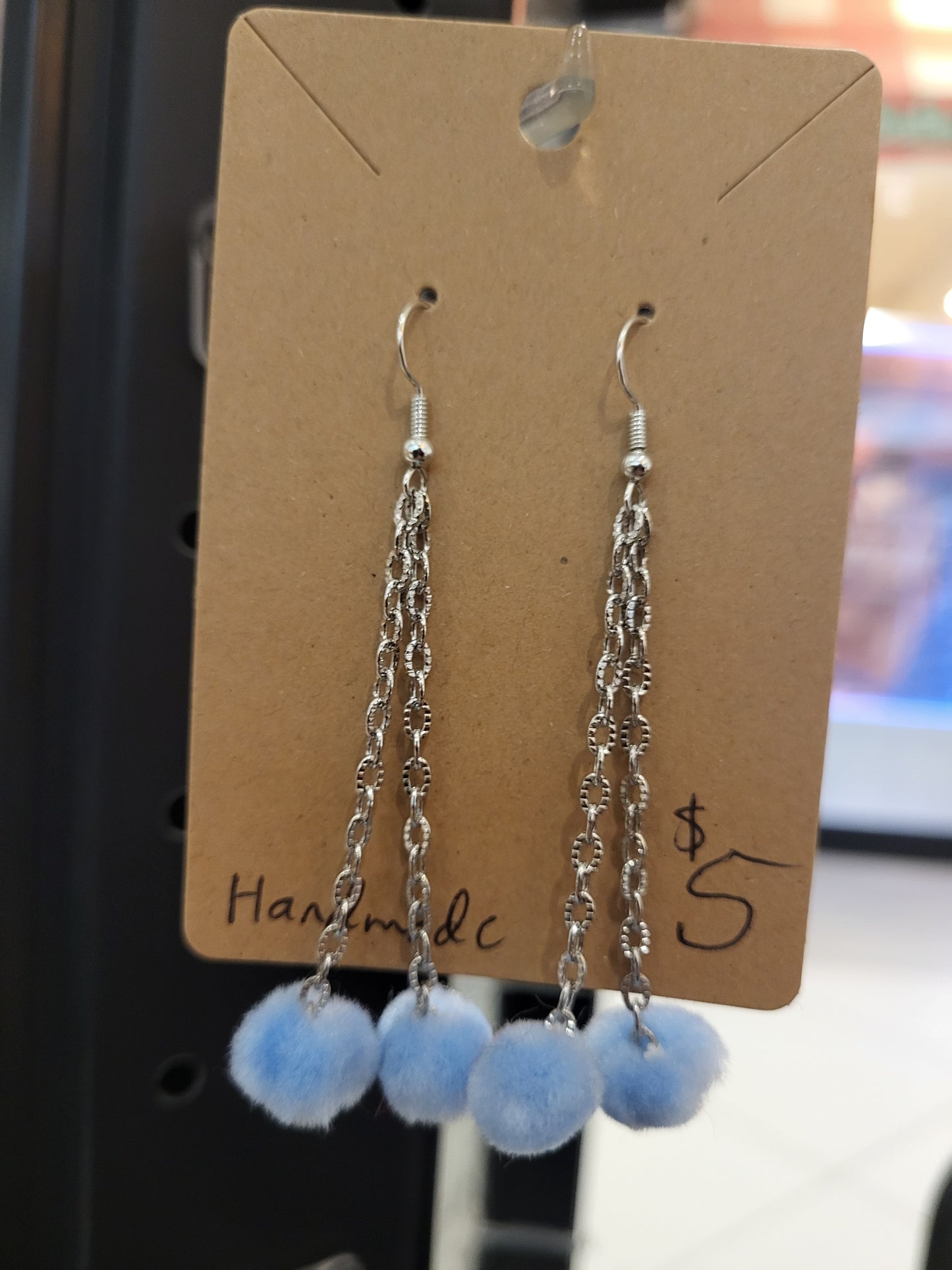 Handmade sky blue pom pom chain earrings mini double