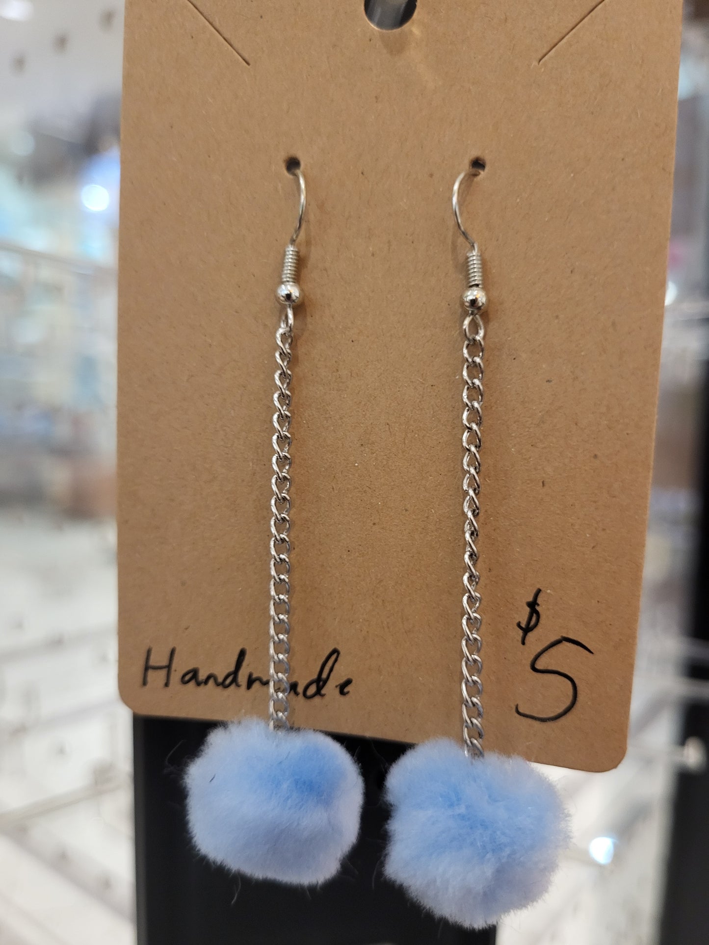 Handmade Sky blue pom pom chain earrings small