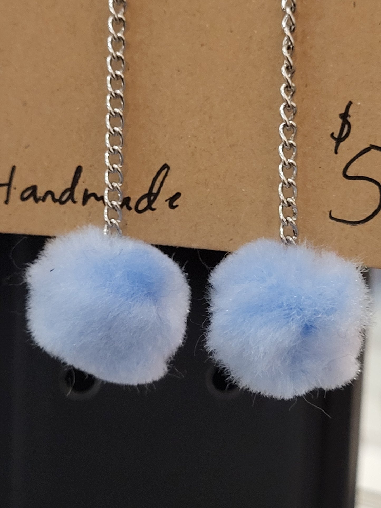 Handmade Sky blue pom pom chain earrings small