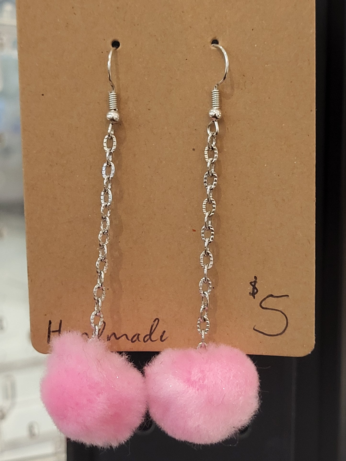 Handmade bubblegum pink pom pom chain earrings medium alternate chain