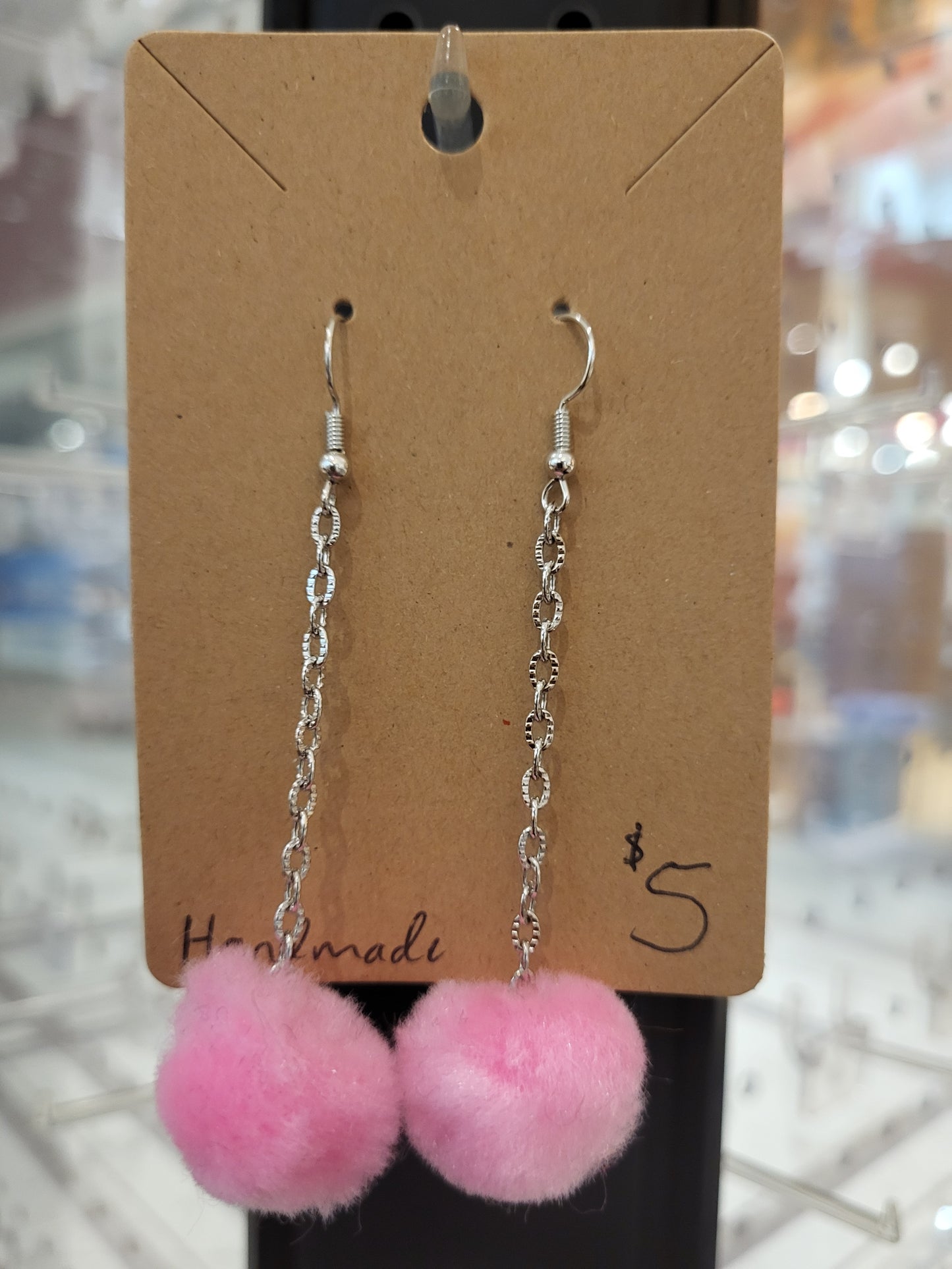 Handmade bubblegum pink pom pom chain earrings medium alternate chain