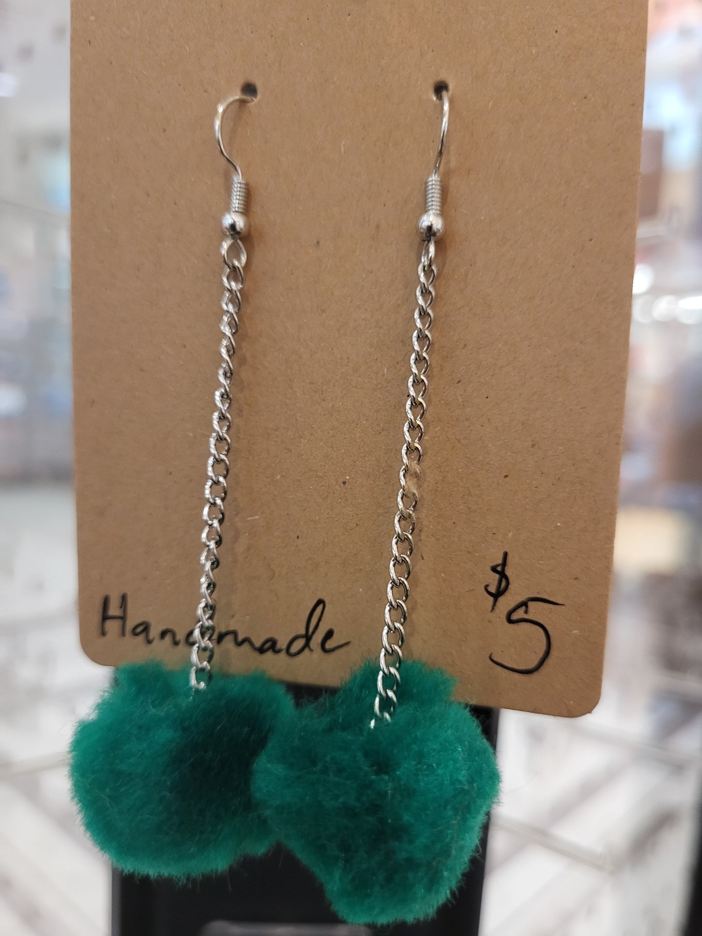 Handmade green pom pom chain earrings medium