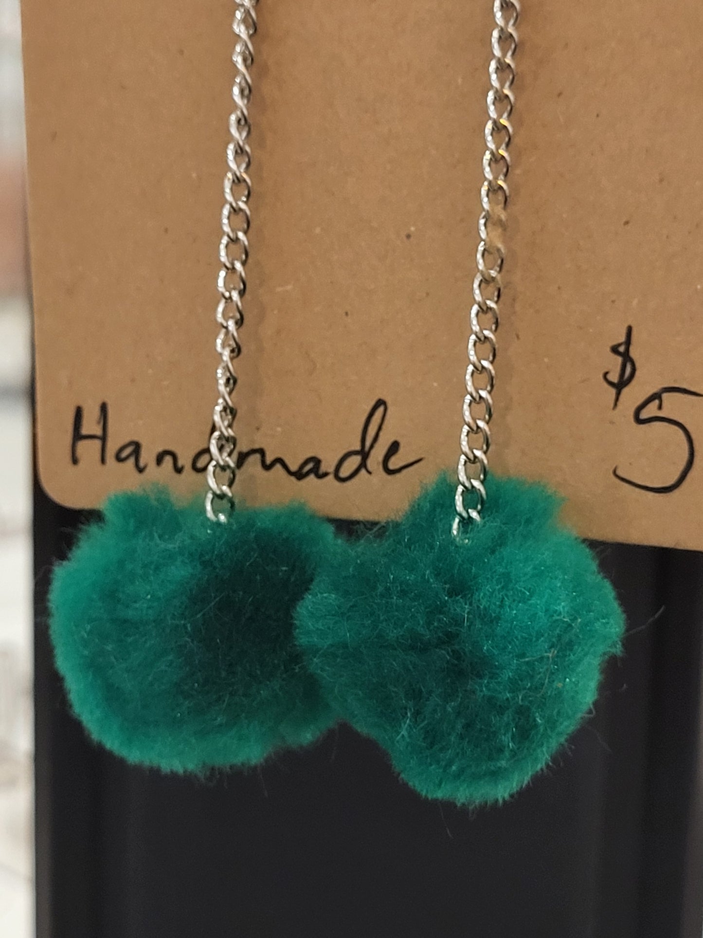 Handmade green pom pom chain earrings medium