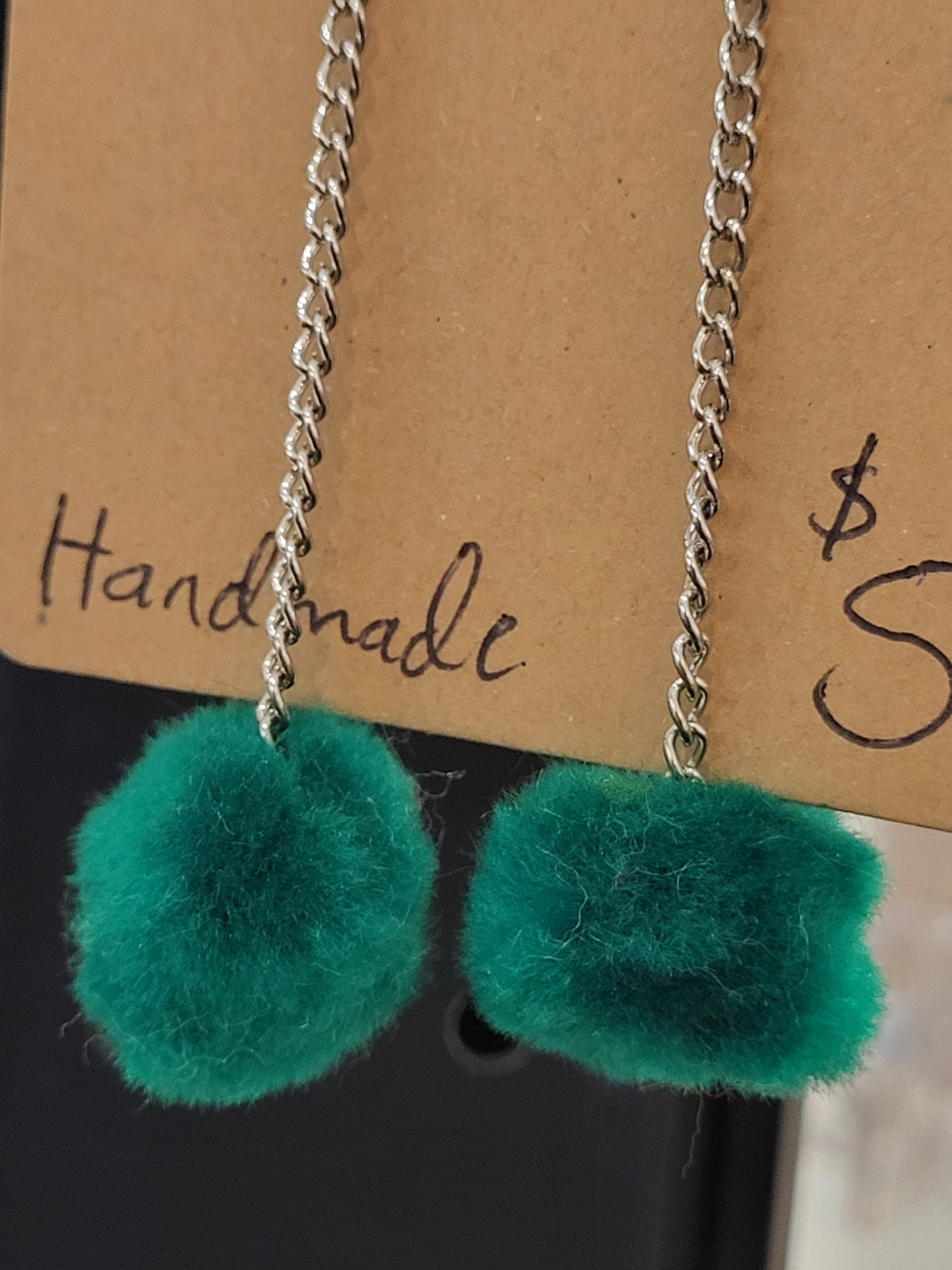 Handmade green pom pom chain earrings small