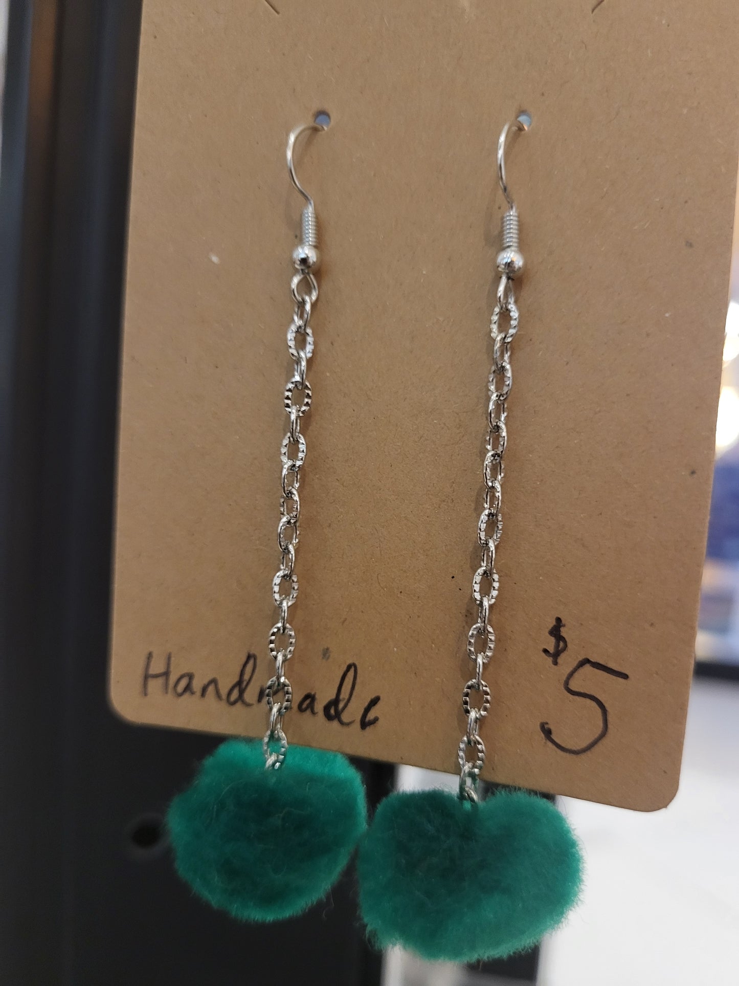 Handmade green pom pom chain earrings small alternate