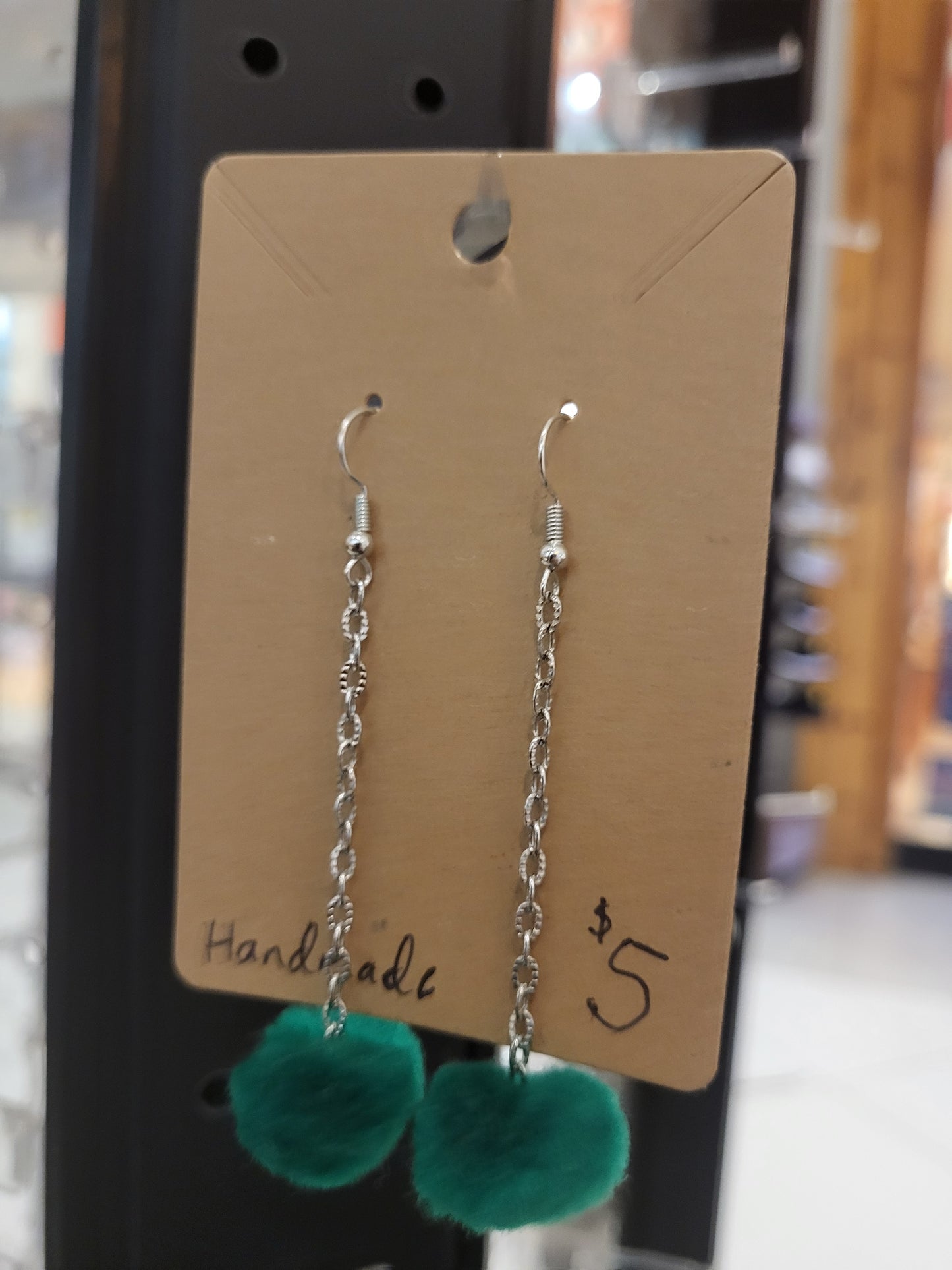 Handmade green pom pom chain earrings small alternate