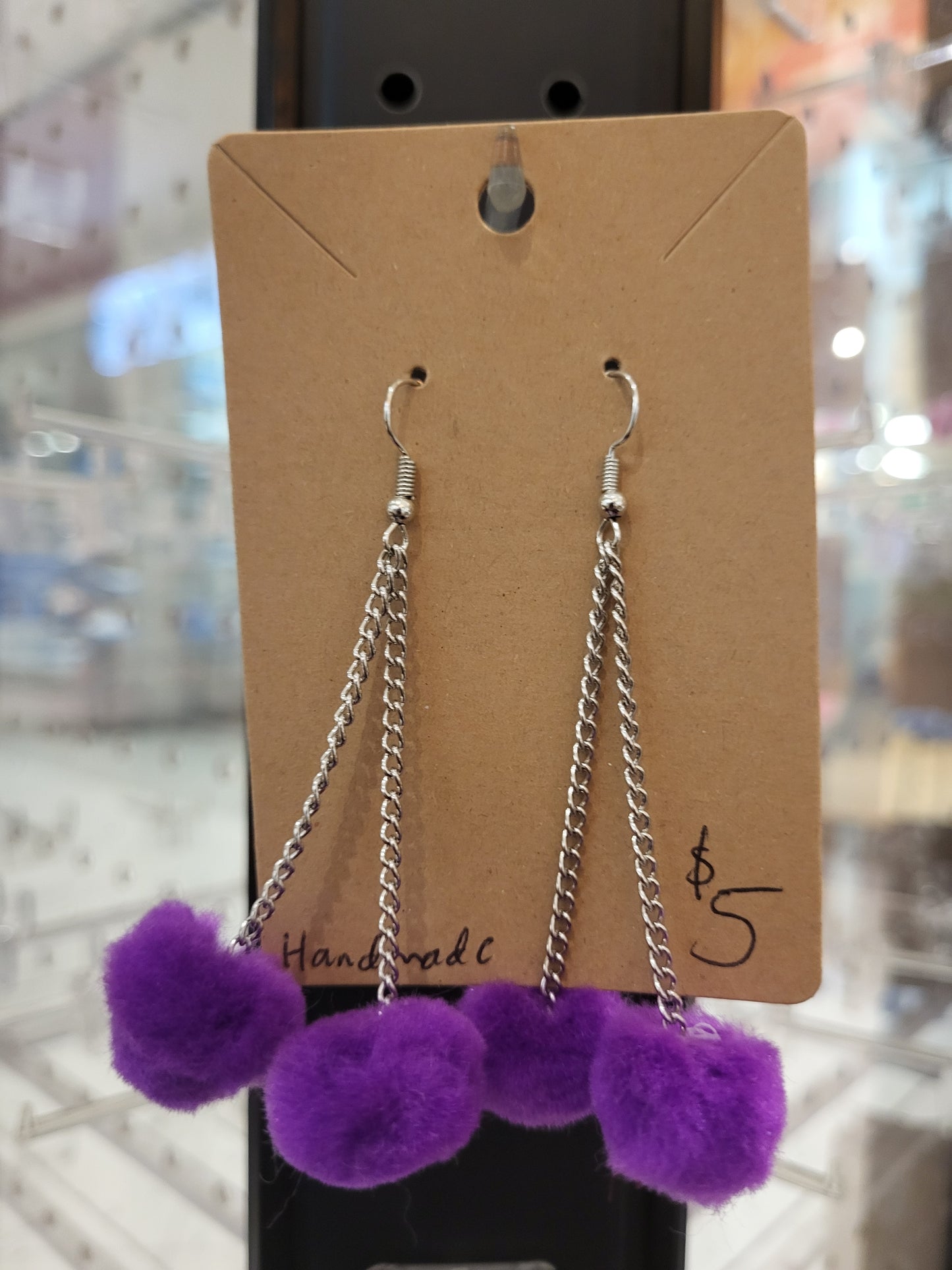 Handmade purple pom pom chain earrings small double