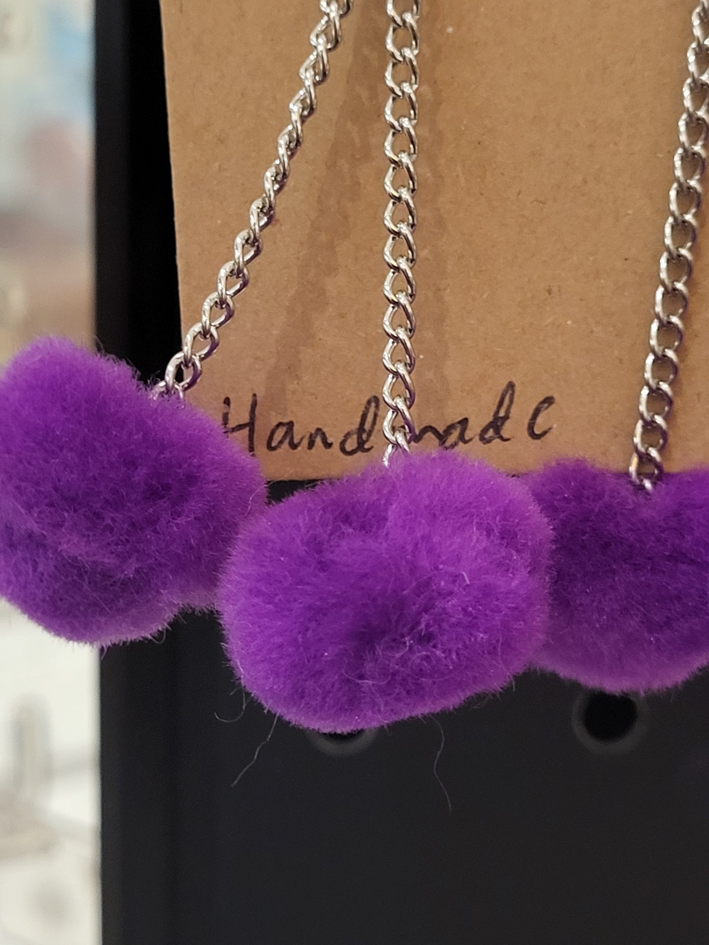 Handmade purple pom pom chain earrings small double