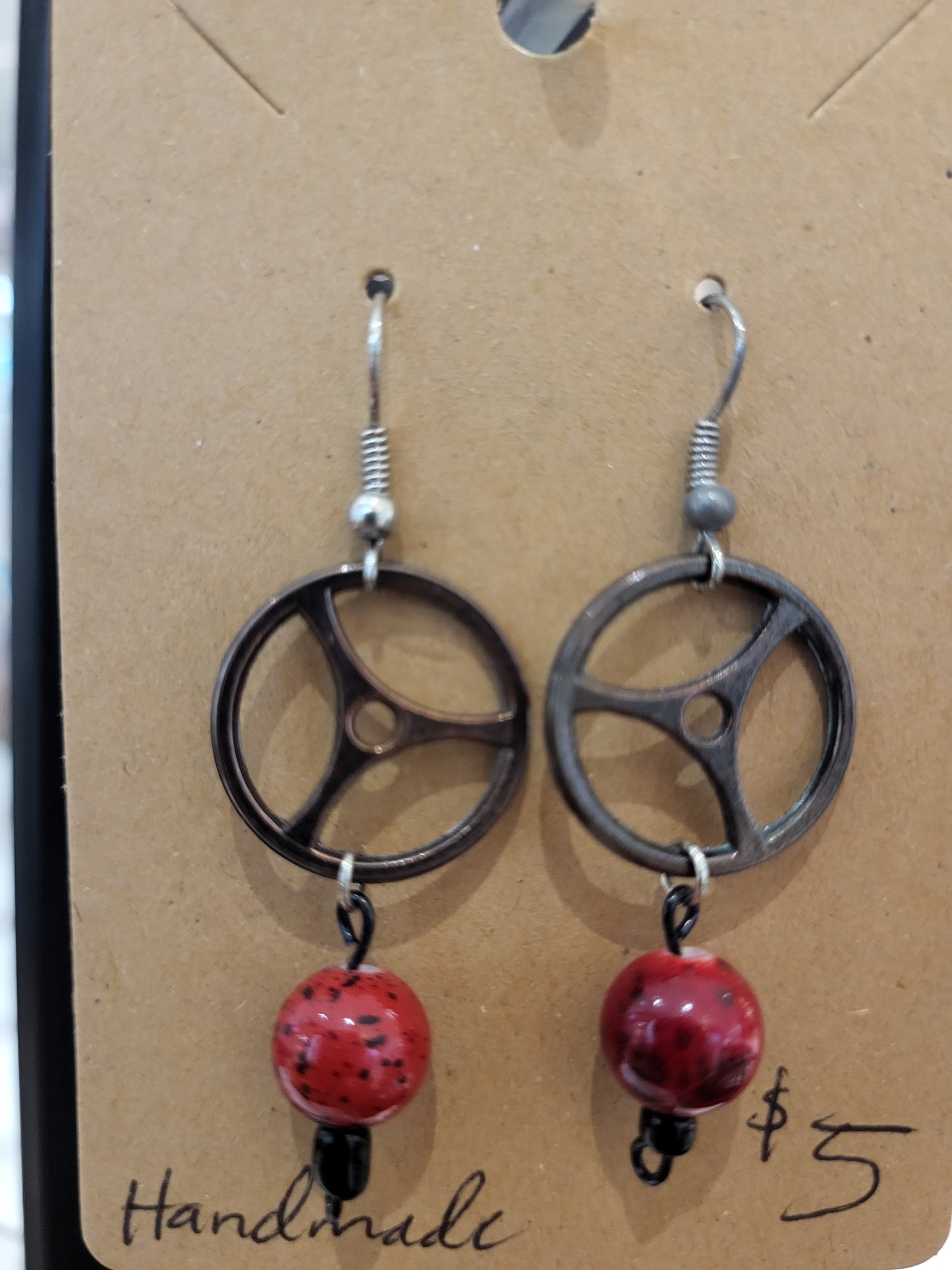 Handmade round gear and red bead earrings