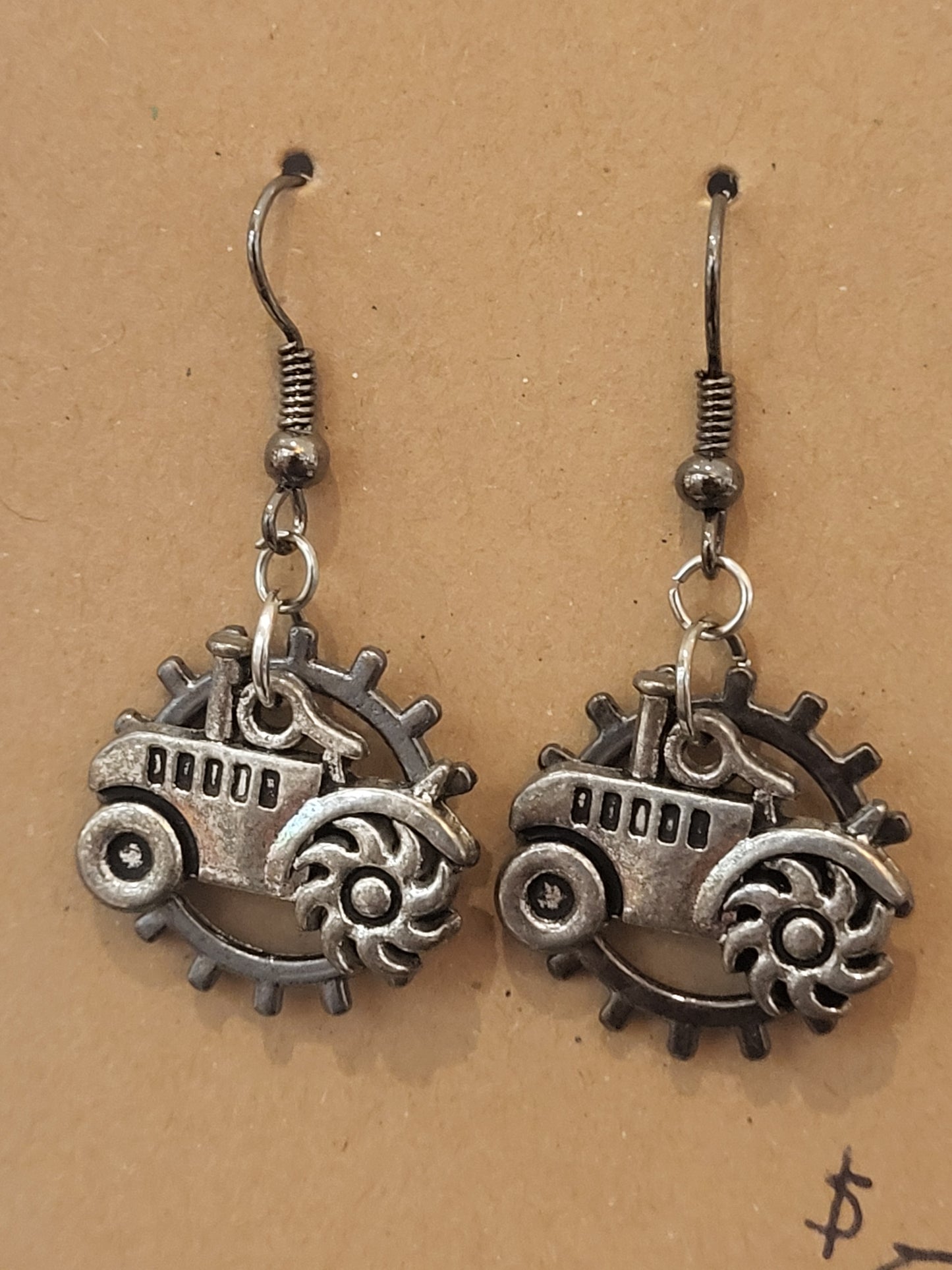 Handmade gear behind tractor earrings