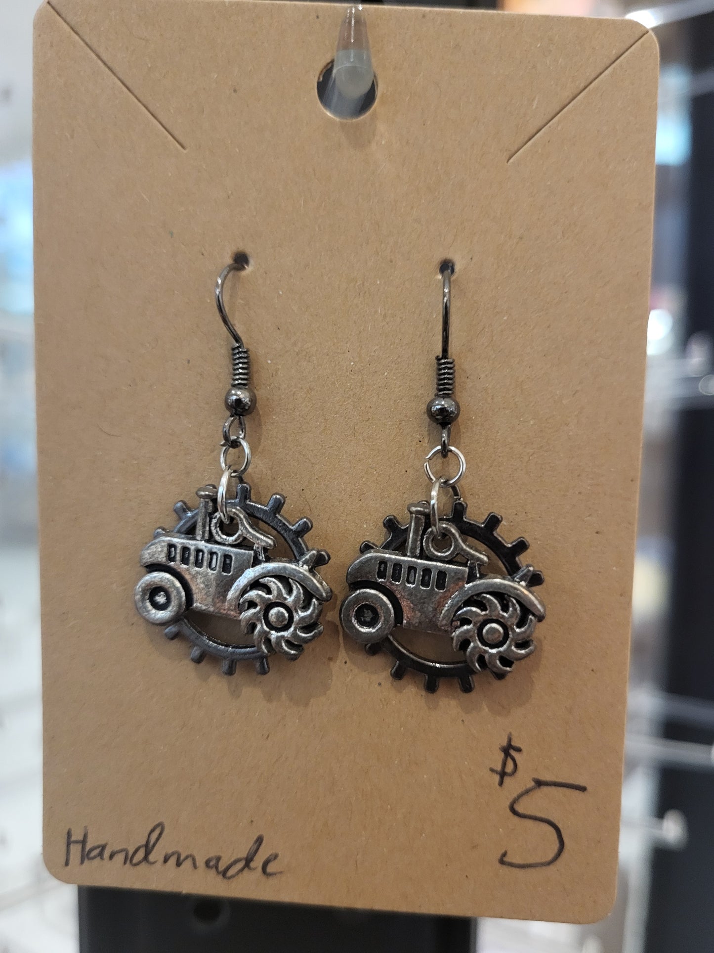 Handmade gear behind tractor earrings