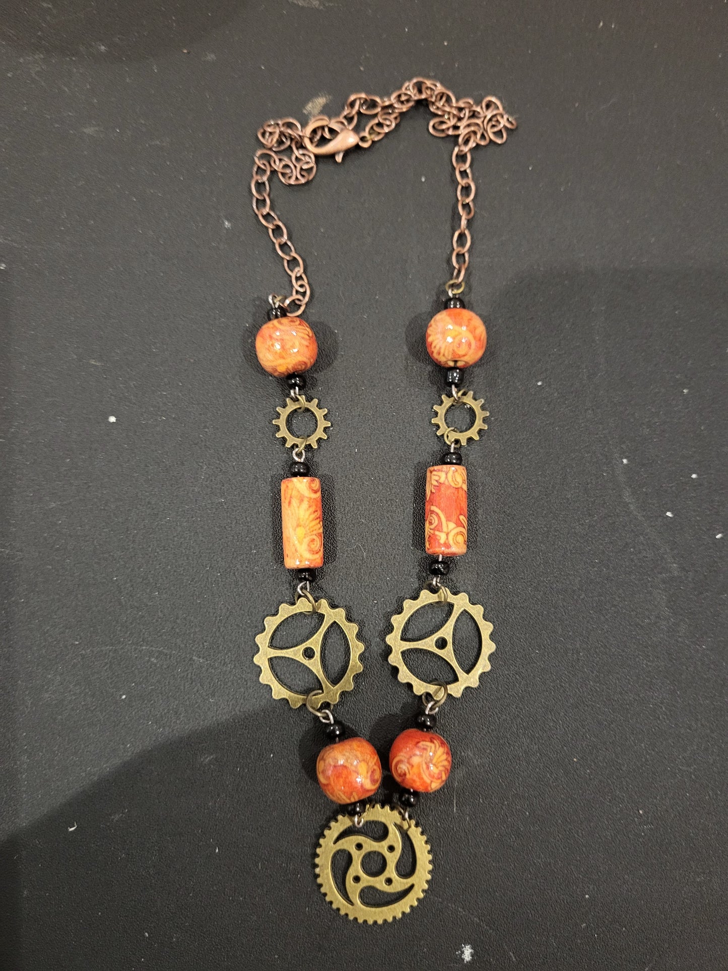 Handmade steampunk metal gears wooden beads rose gold chain necklace