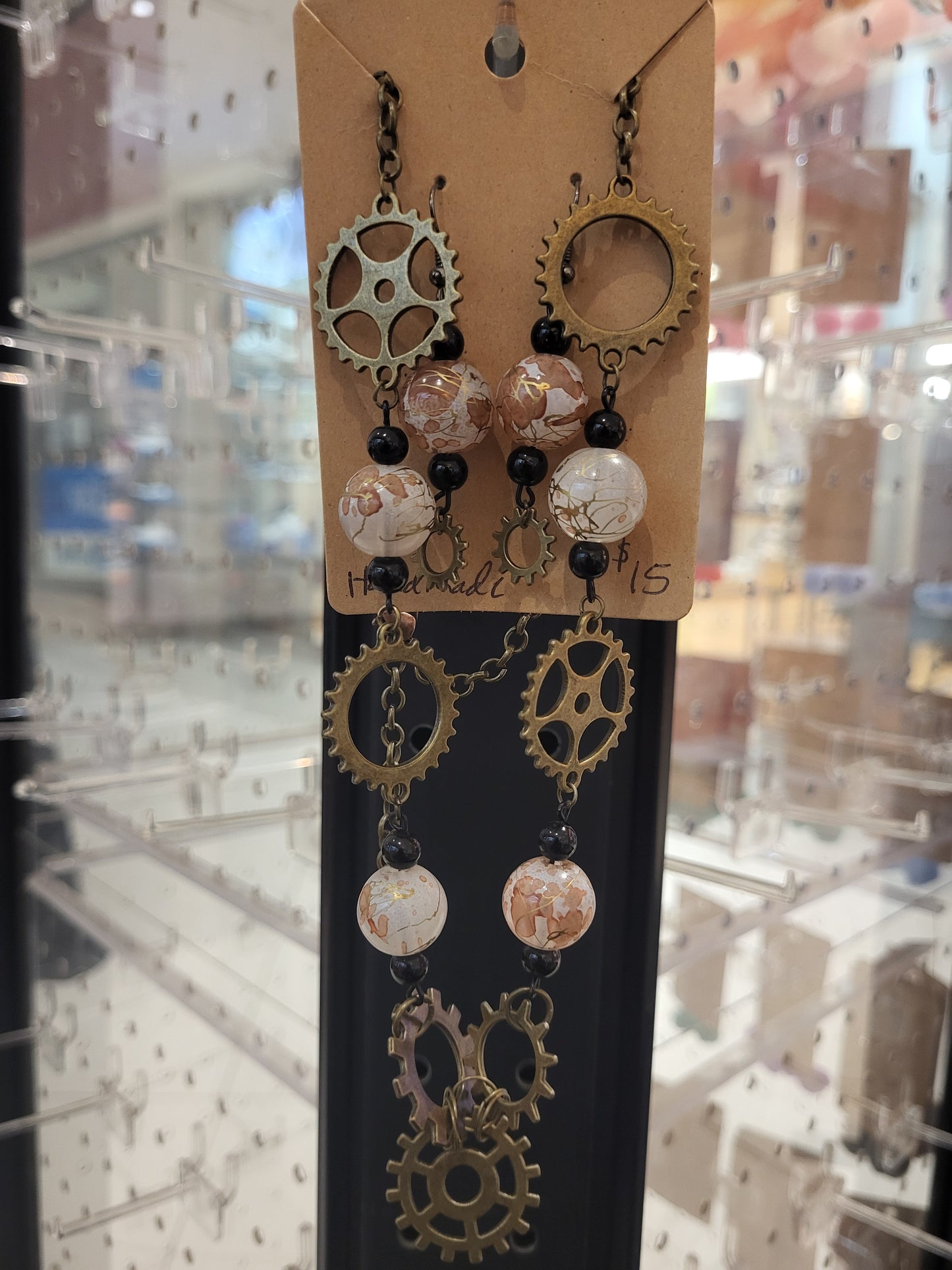 Handmade steampunk pink beads and gears necklace and earring set