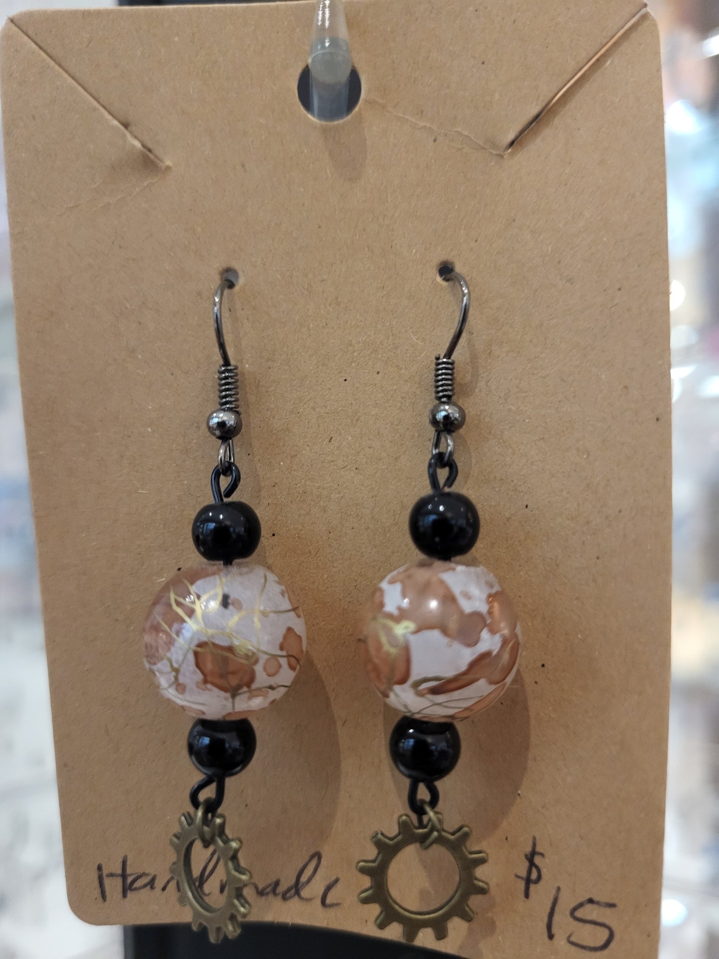 Handmade steampunk pink beads and gears necklace and earring set