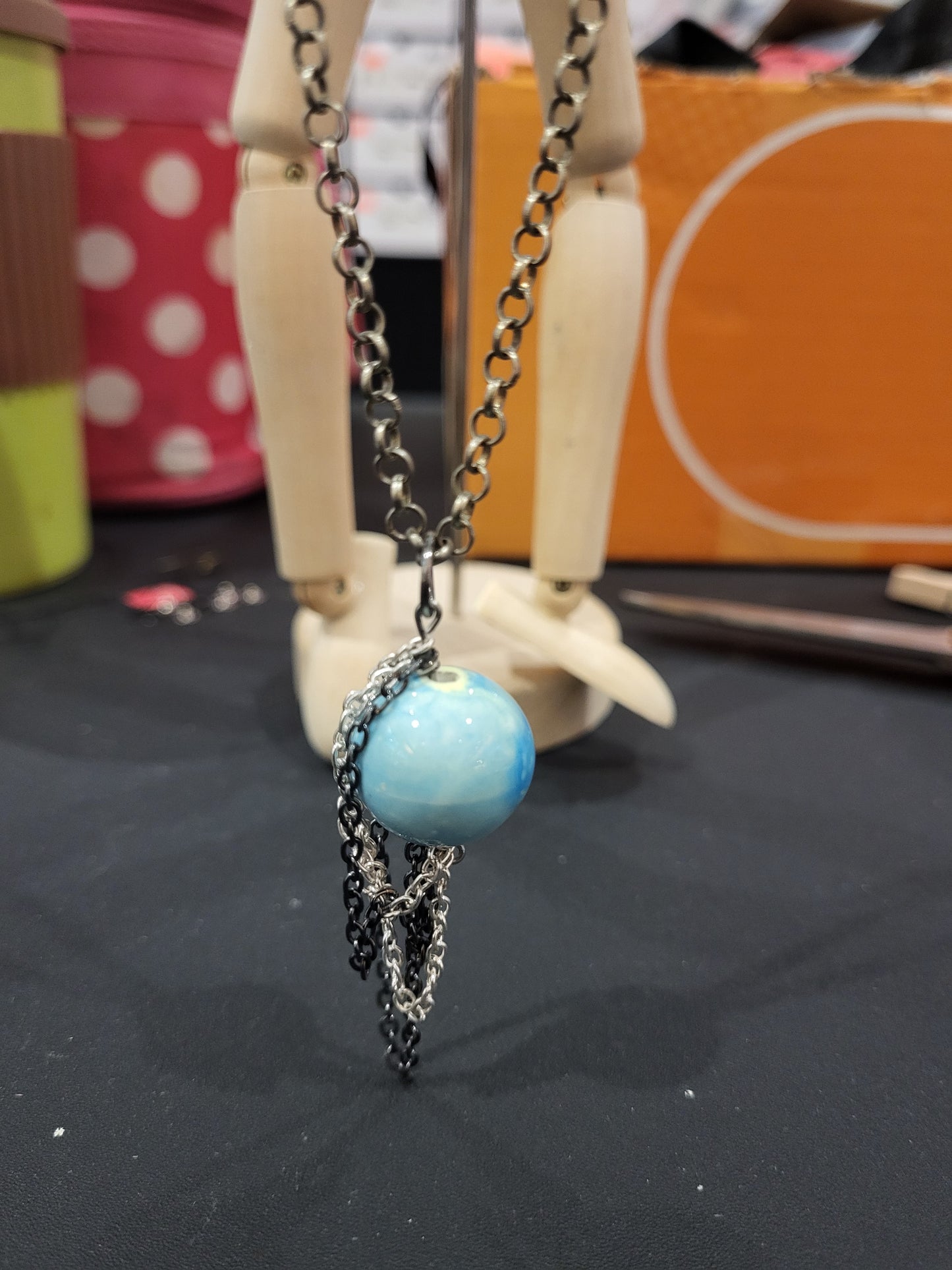 Handmade large blue bead necklace with chain accents
