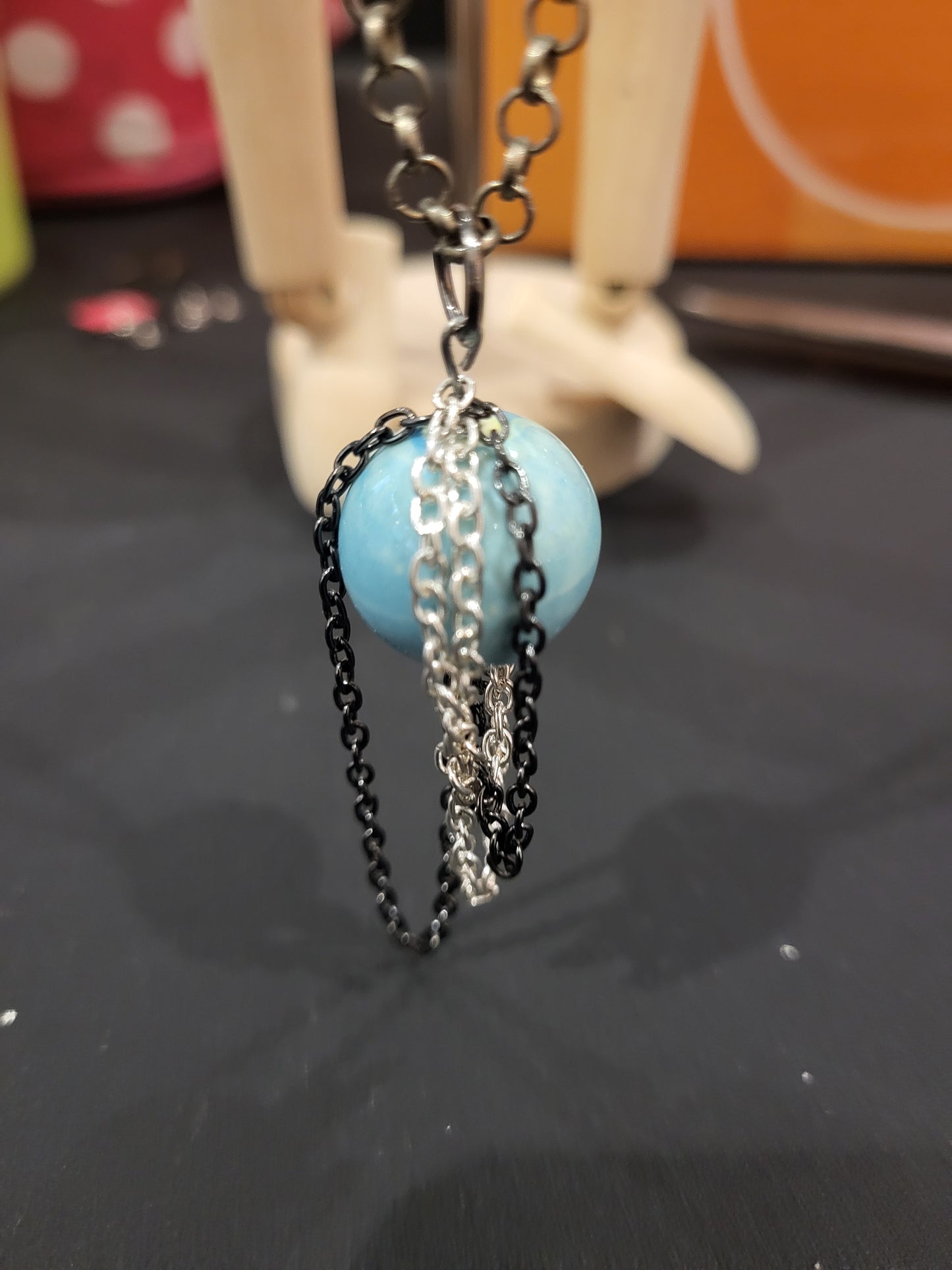 Handmade large blue bead necklace with chain accents