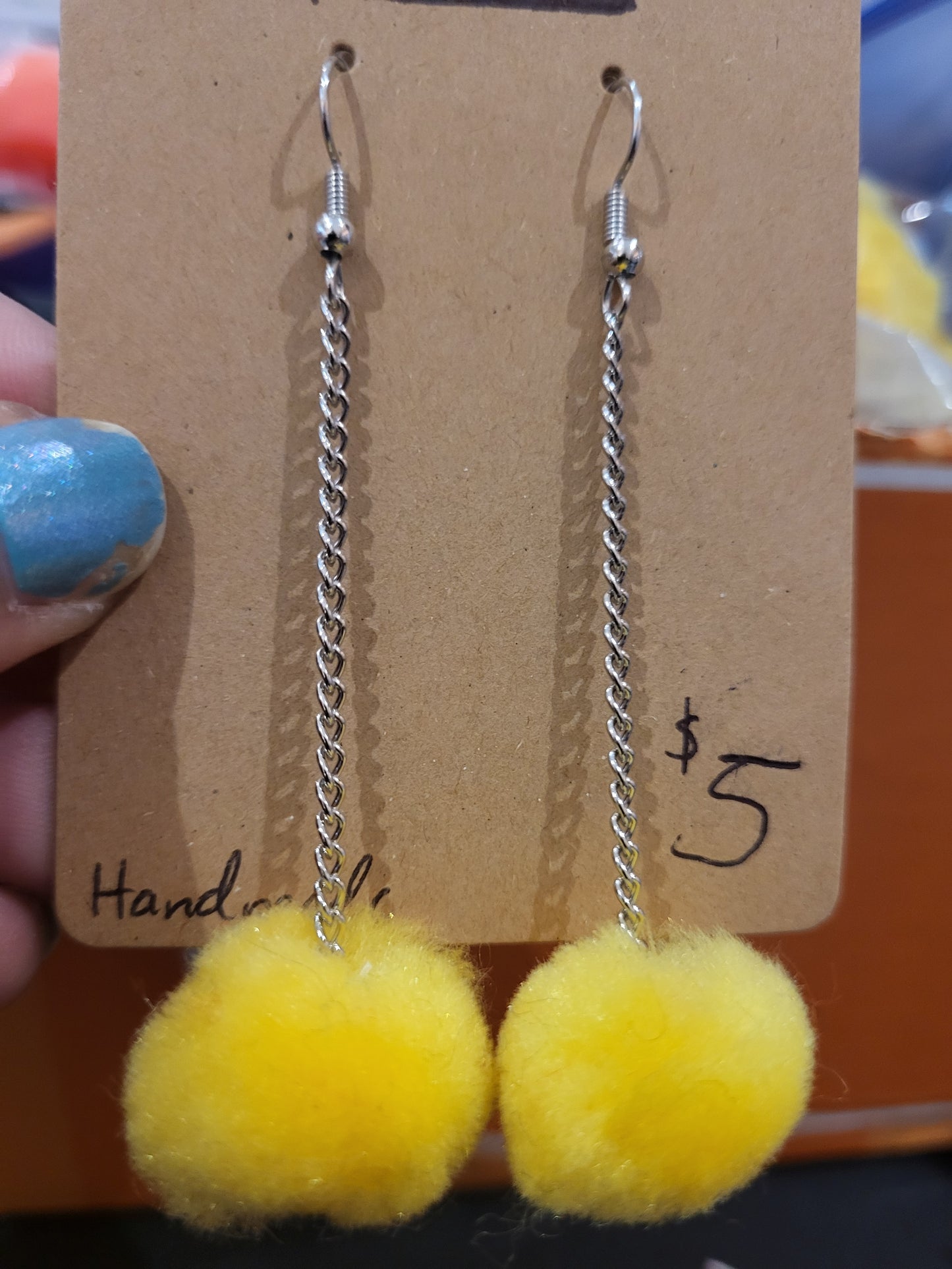 Handmade yellow pom pom chain earrings medium