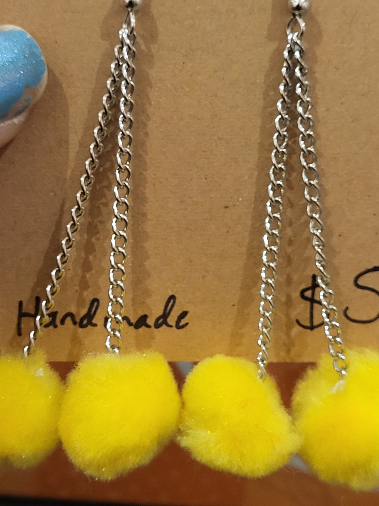 Handmade yellow pom pom chain earrings small double