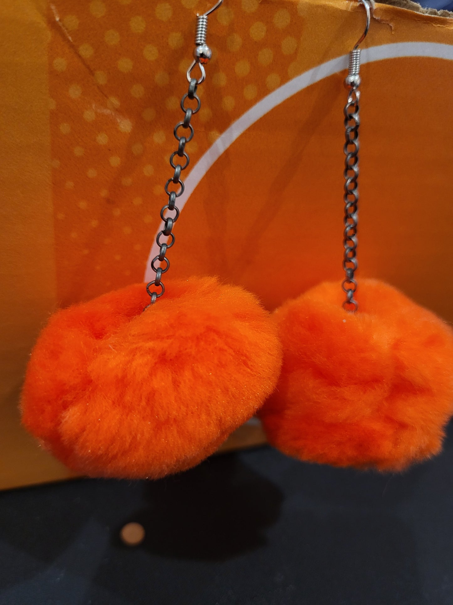 Handmade orange pom pom chain earrings large