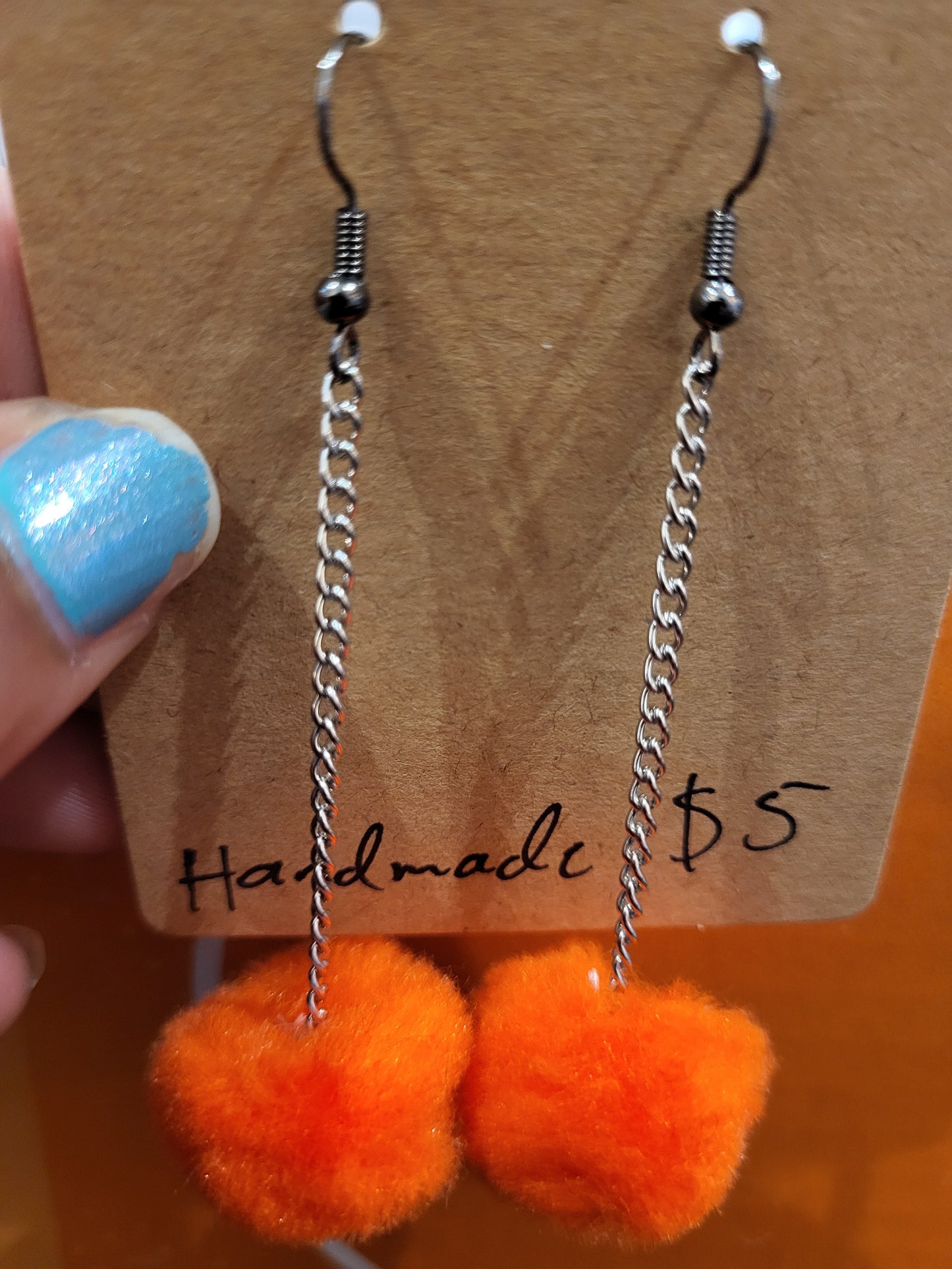 Handmade orange pom pom chain earrings medium