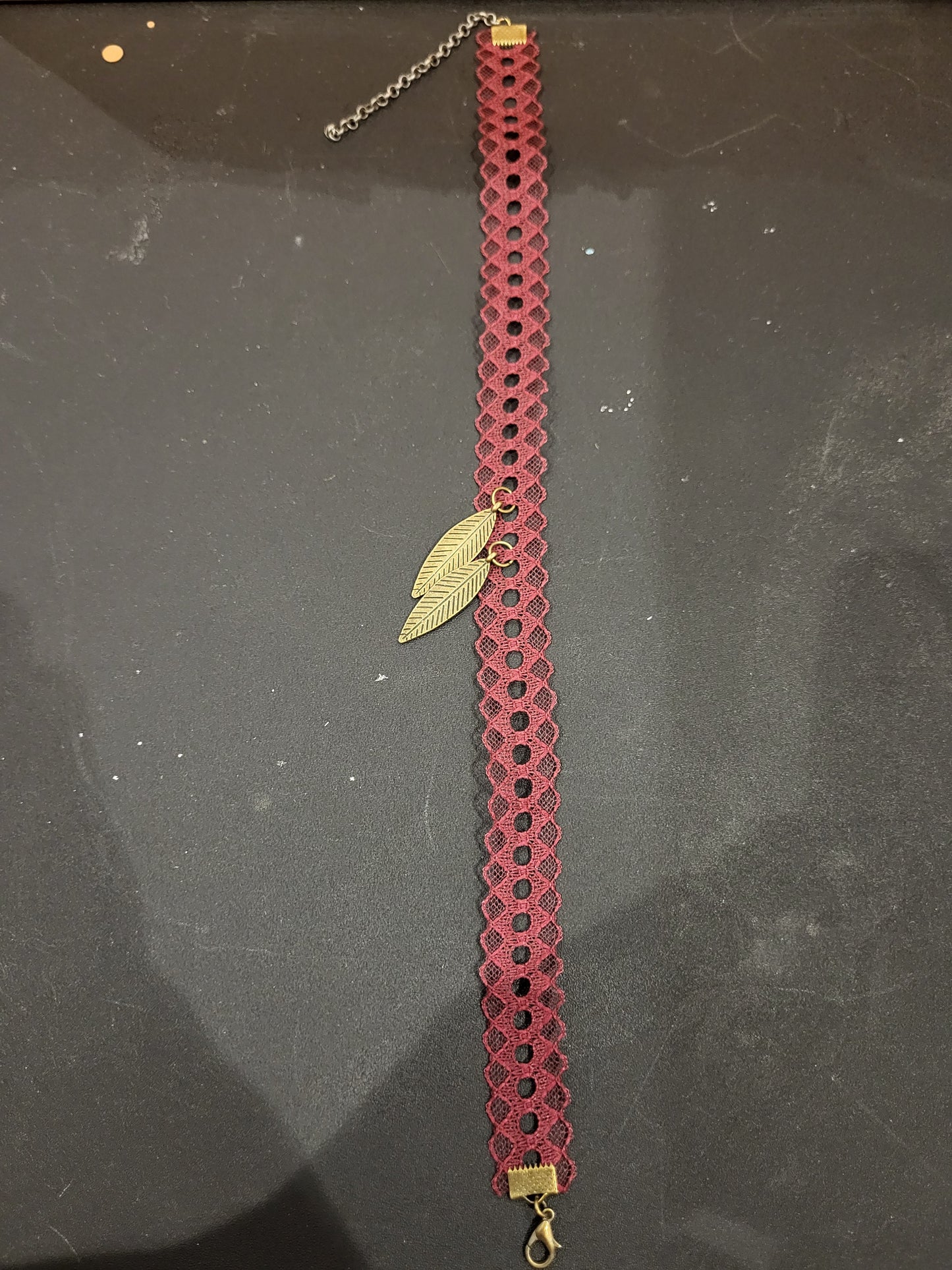 Handmade red ribbon choker with bronze feather charms 12-15in
