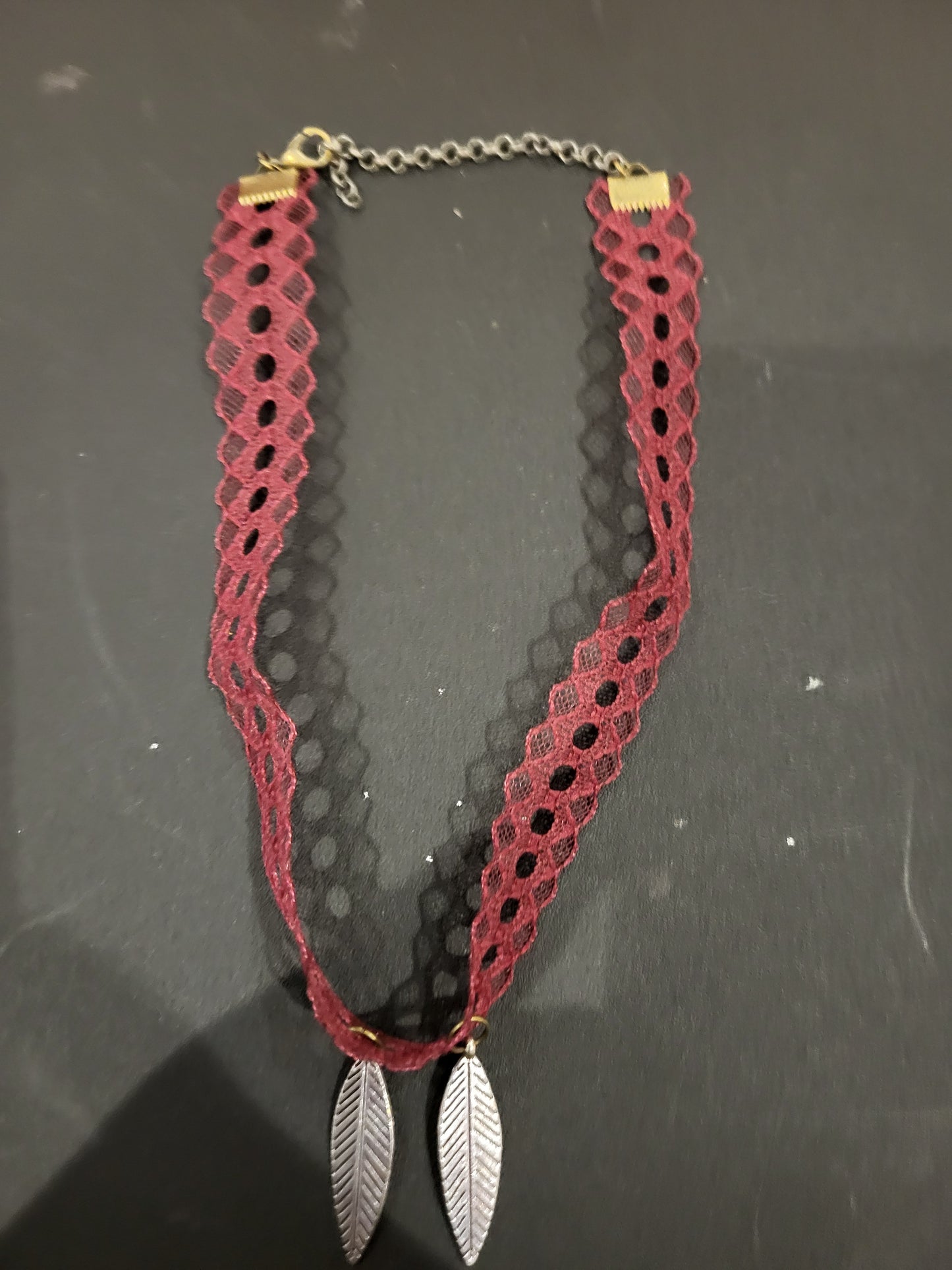 Handmade red ribbon choker with silver feather charms 12-15in