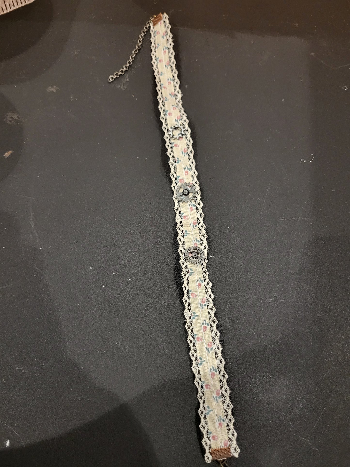 Handmade floral ribbon choker with black gears