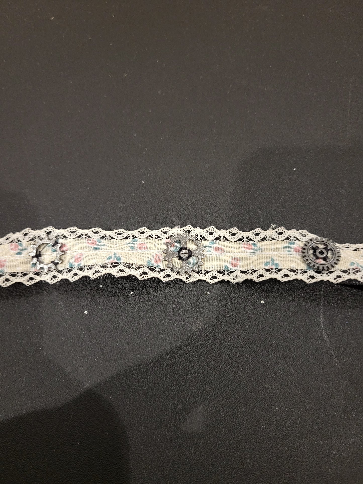 Handmade floral ribbon choker with black gears
