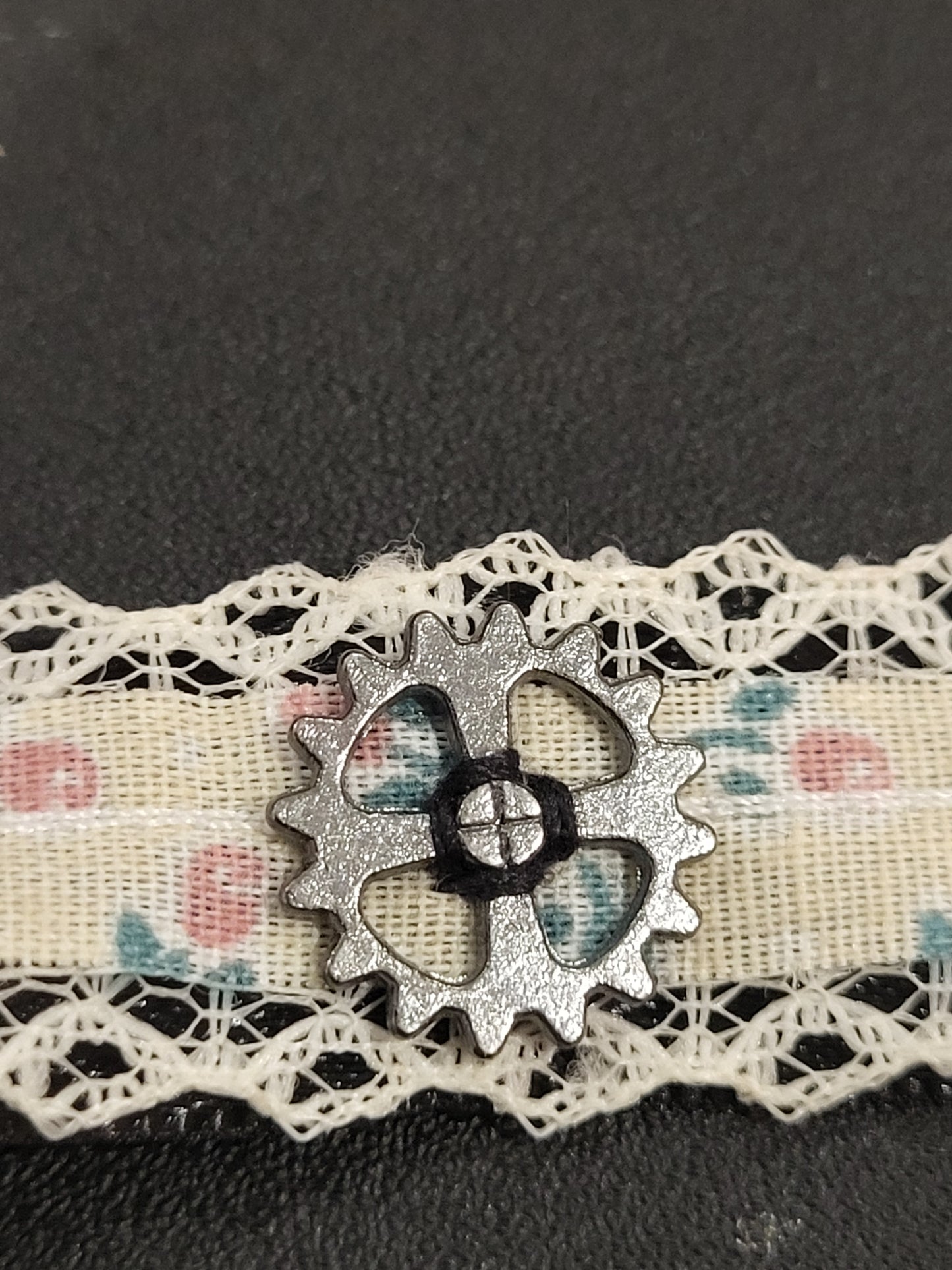 Handmade floral ribbon choker with black gears