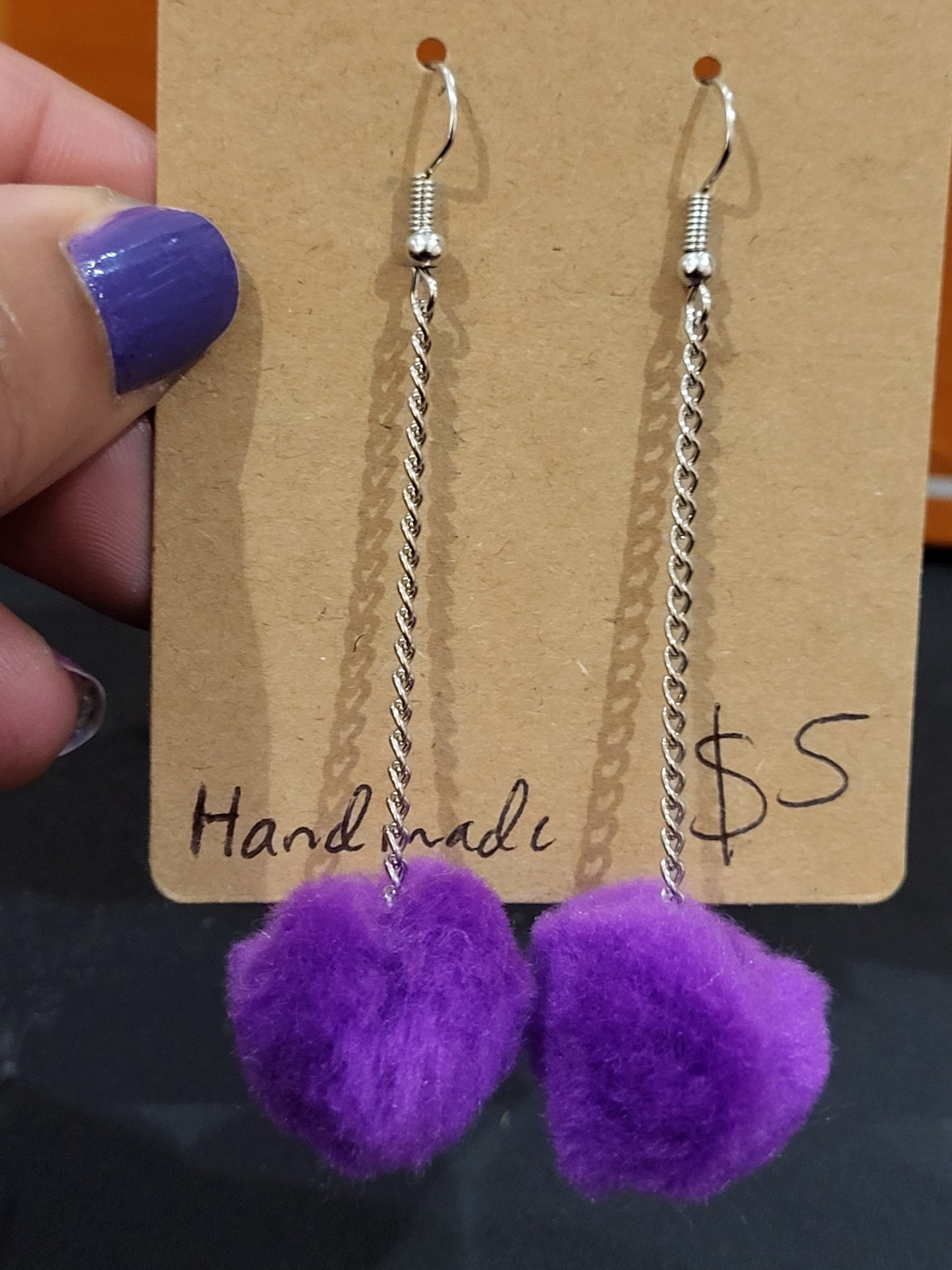 Handmade purple pom pom chain earrings medium