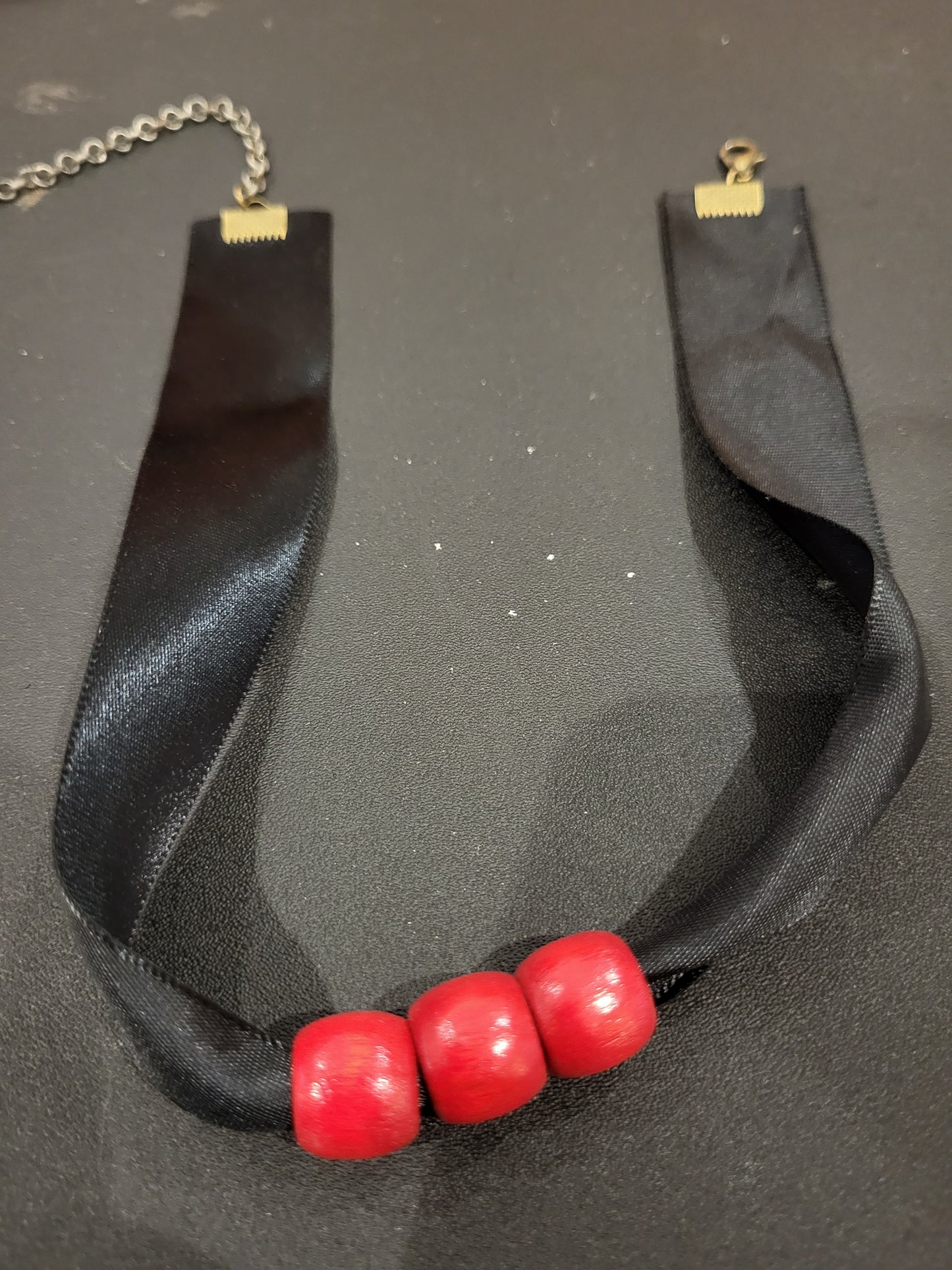 Handmade black satin ribbon and red wooden bead choker