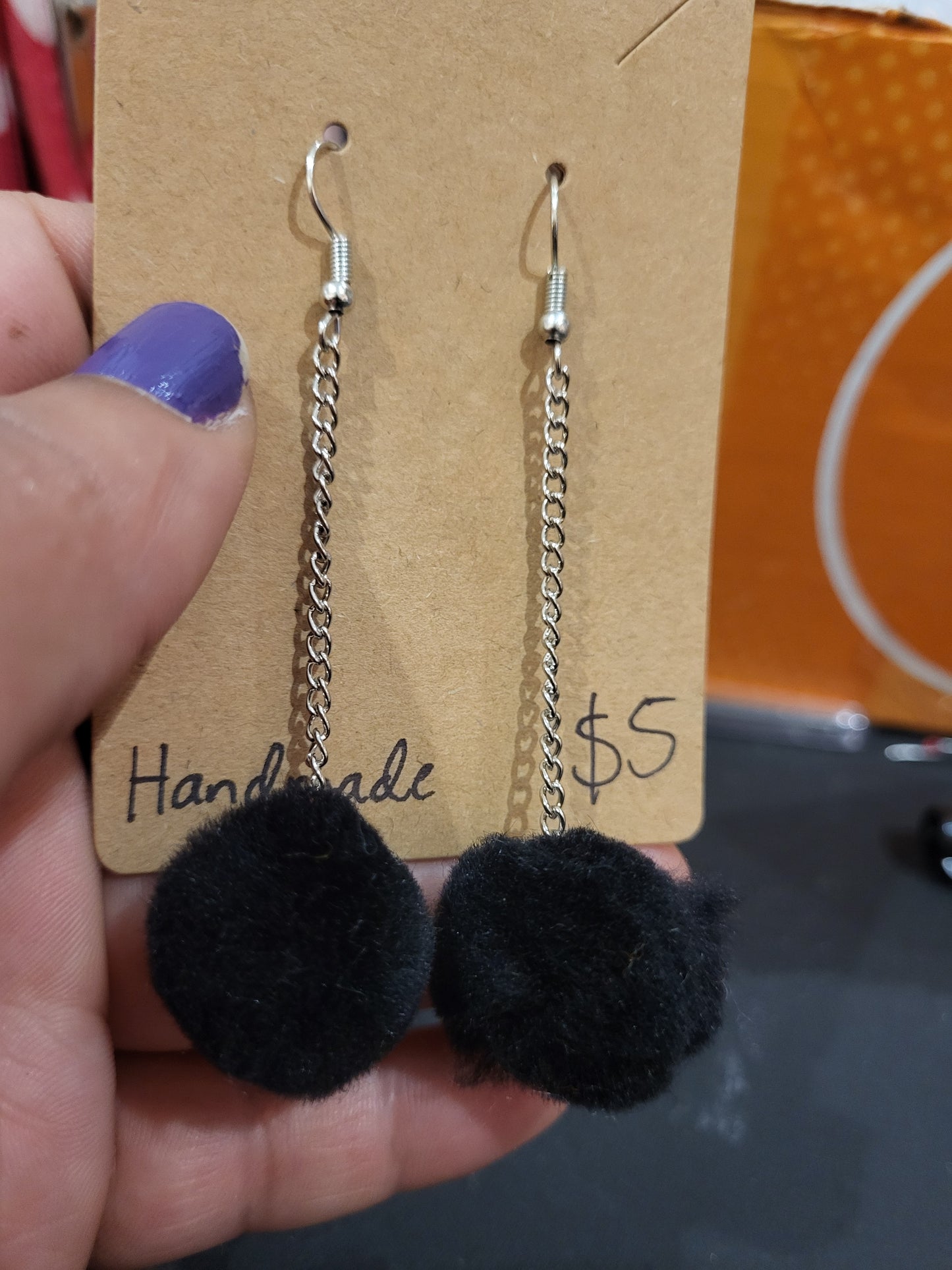 Handmade black pom pom chain earrings medium