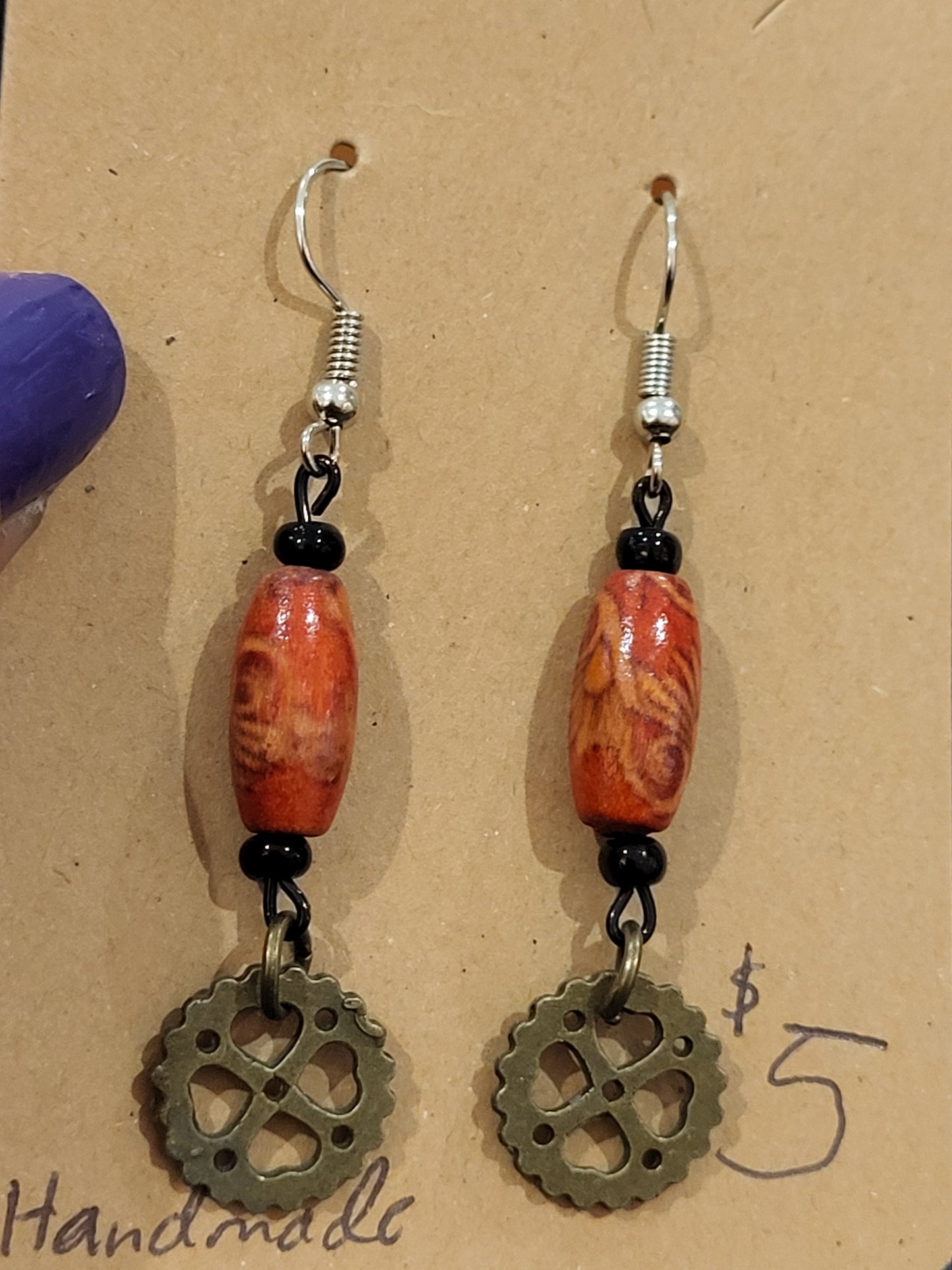 Handmade ornate red bead and heart gear earrings