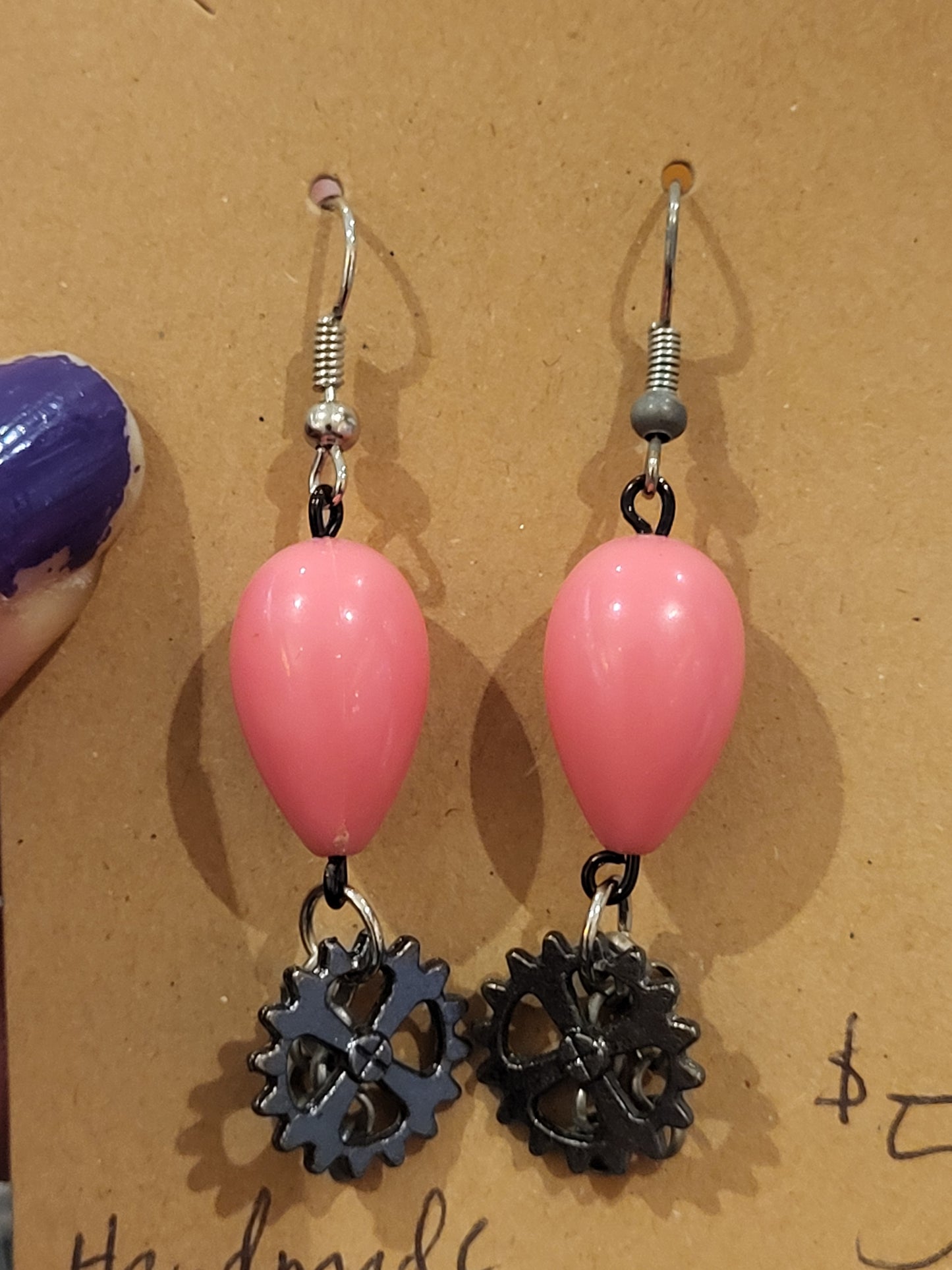 Handmade pink teardrop bead earrings with gear