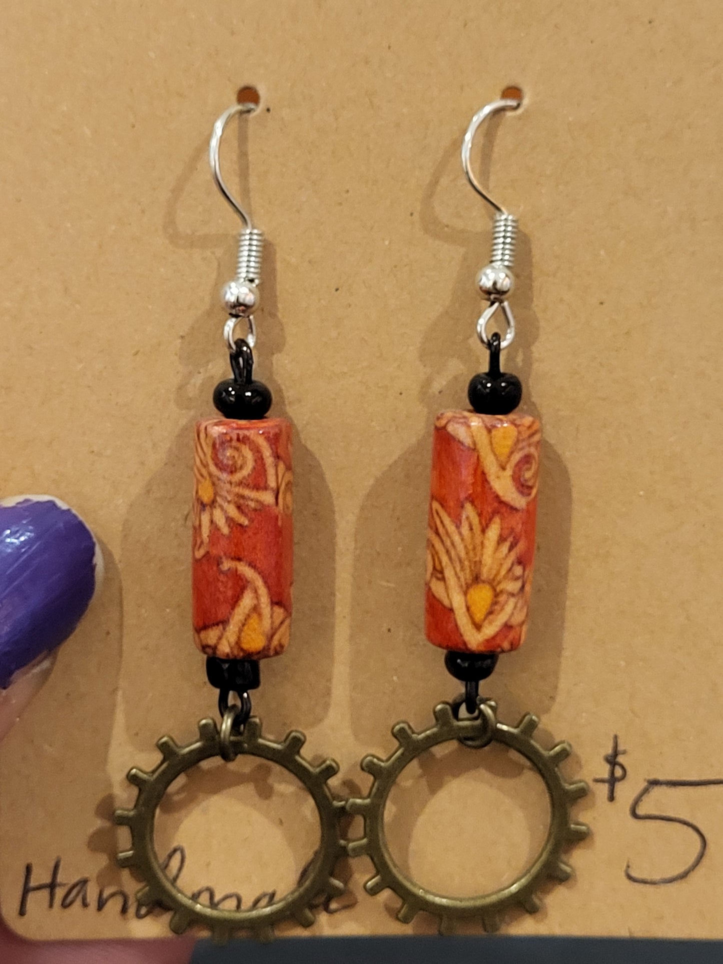 Handmade ornate red bead and gear earrings bottom