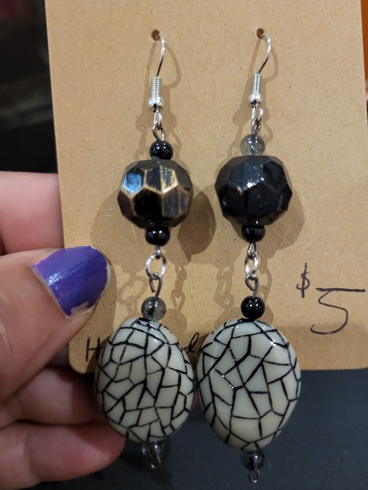 Handmade dangle black, gold, and Grey earrings