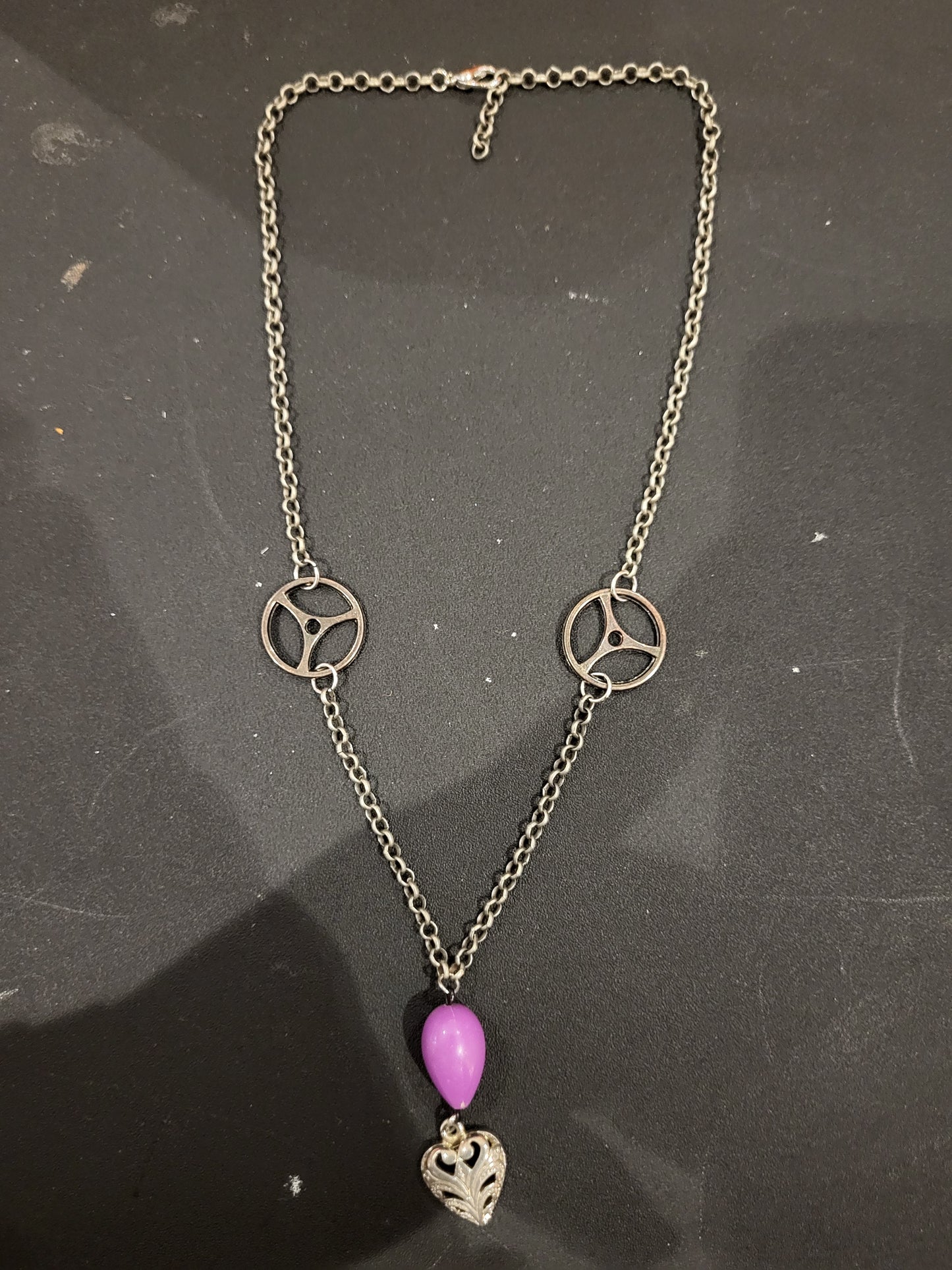 Handmade lavender bead and heart steampunk necklace
