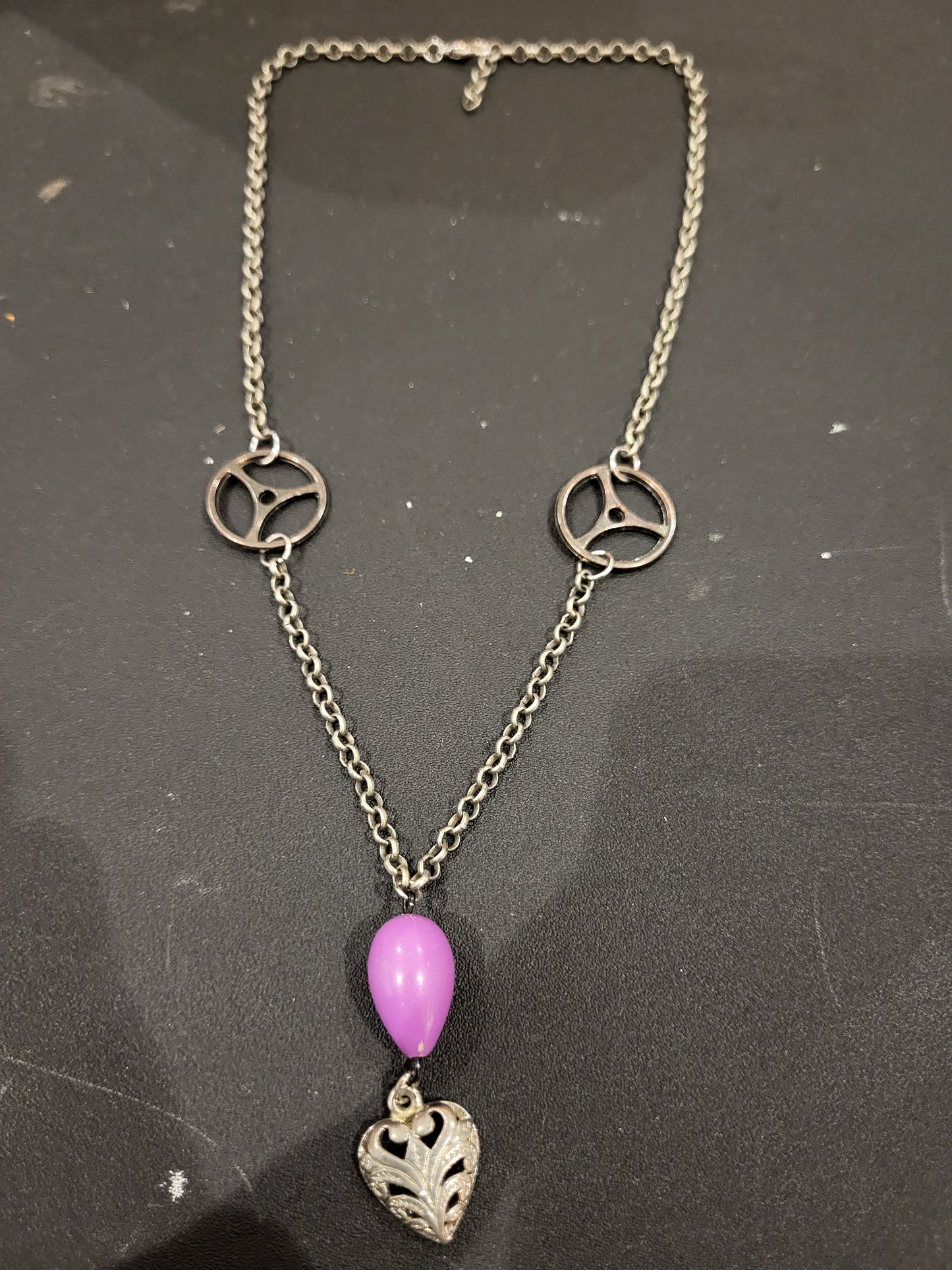 Handmade lavender bead and heart steampunk necklace