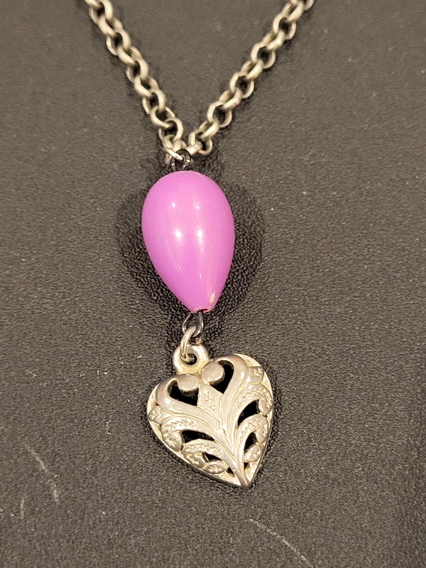 Handmade lavender bead and heart steampunk necklace